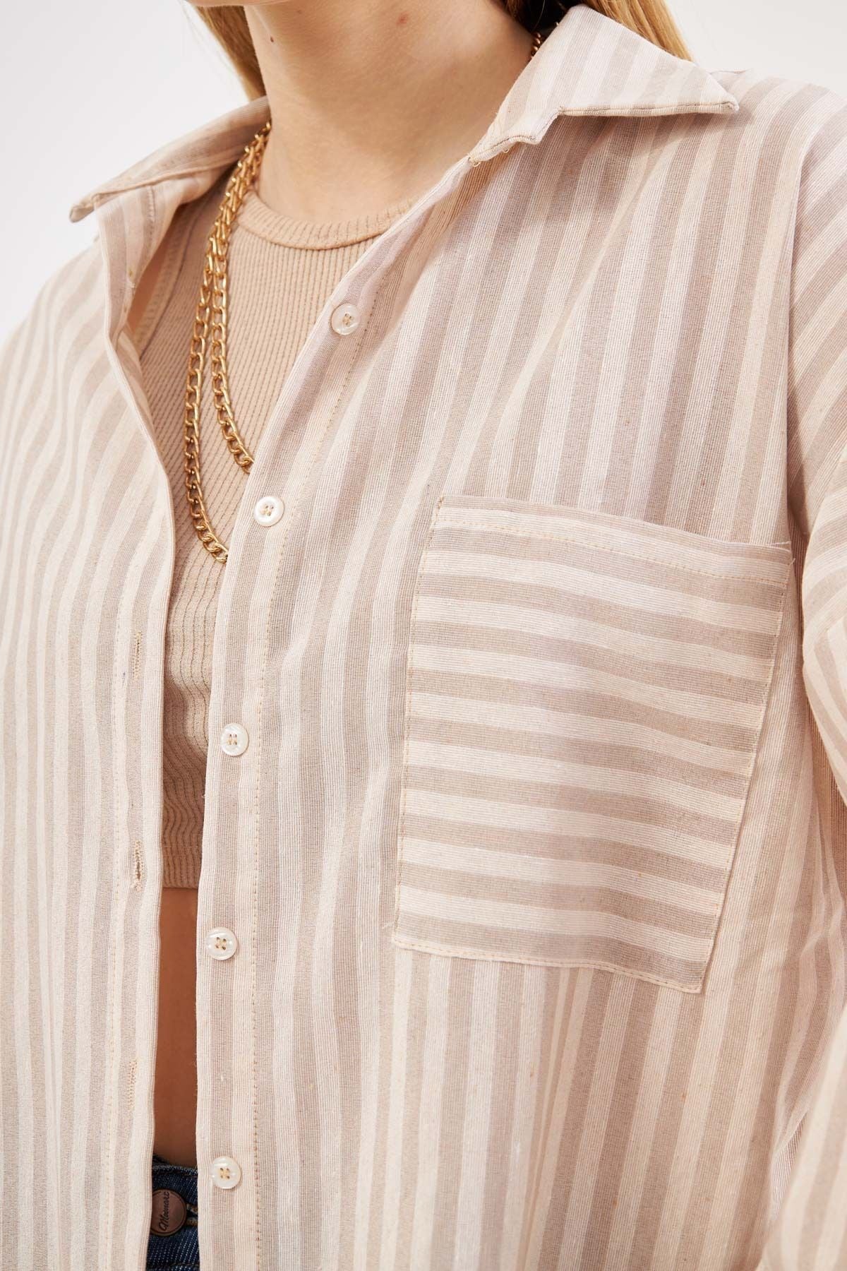 Female mink striped long arm pocket detailed pleatedly overlaw shirt ARM-24Y001057