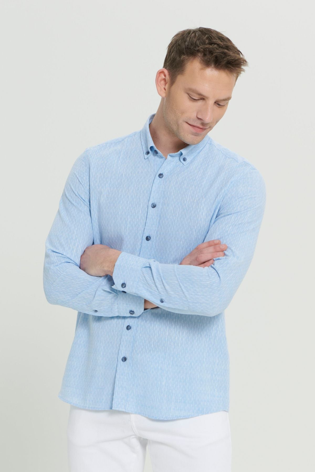 Men's Light Blue Slim Fit Narrow Cutting 100 %Cotton Ameful Buttoned Button Casual Shirt