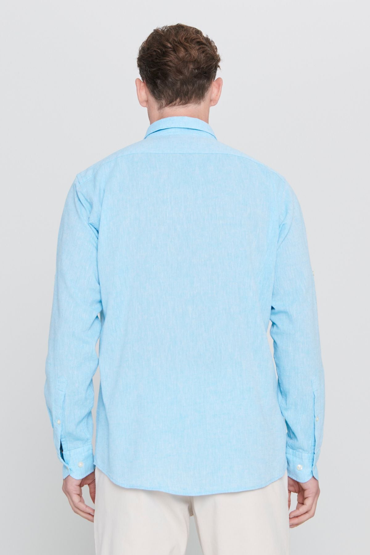 Men's turquoise linen comfort fit comfortable cut buttoned collar casual shirt