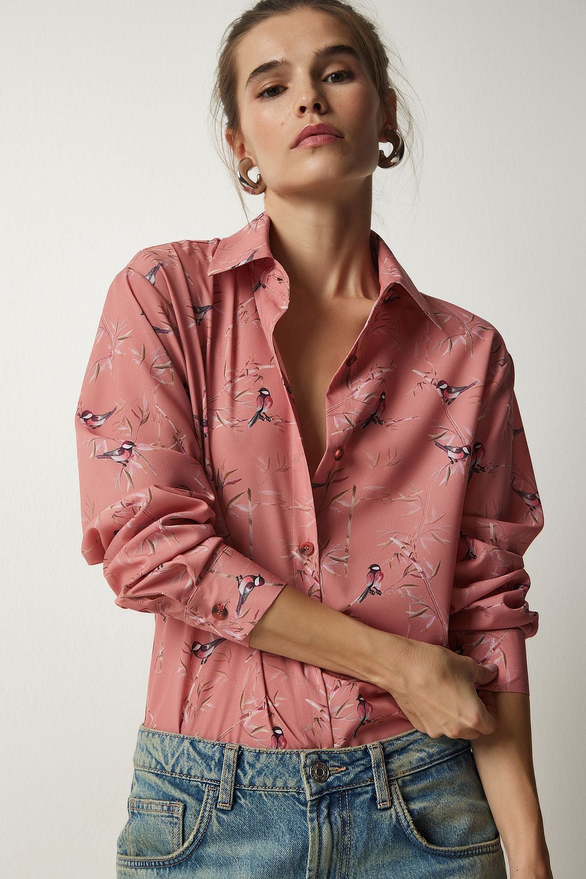 Woman Pink Patterned Oversize Satin Surface Shirt OH00049