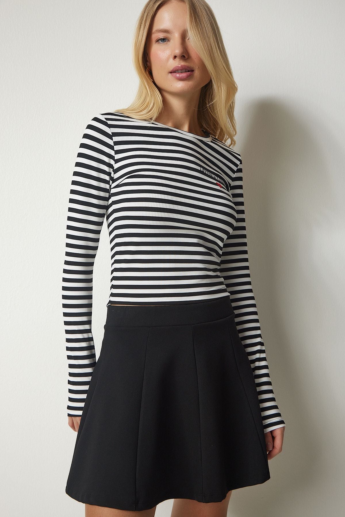Female Black and White Embroidered Striped Wick Crop Blouse MC00234