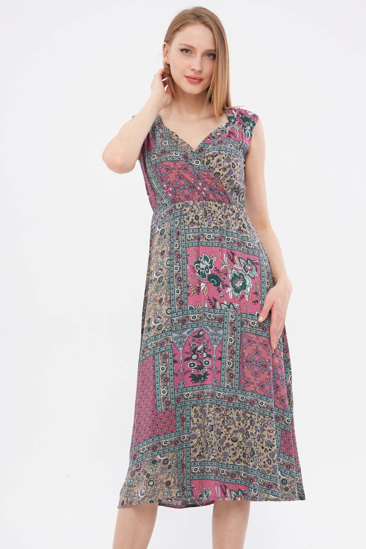 Female mink patterned waist and shoulder tire-cruve collar midi size dress ARM-24Y001052