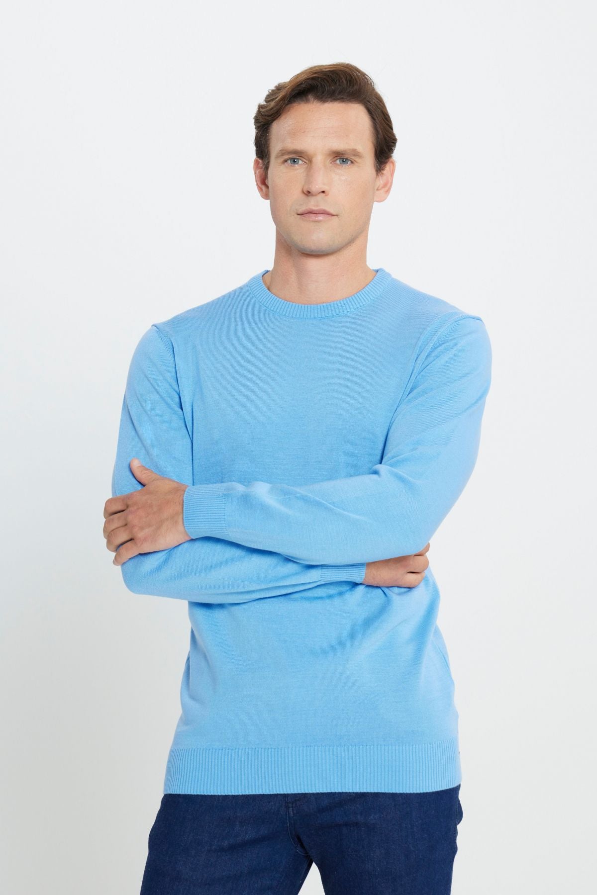 Men's light blue hair growth anti-pilling standard fit normal cut bike collar knitwear sweater