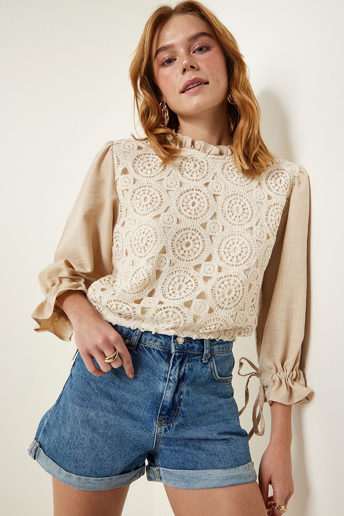 Female beige lace detailed weaving linen blouse TP00024