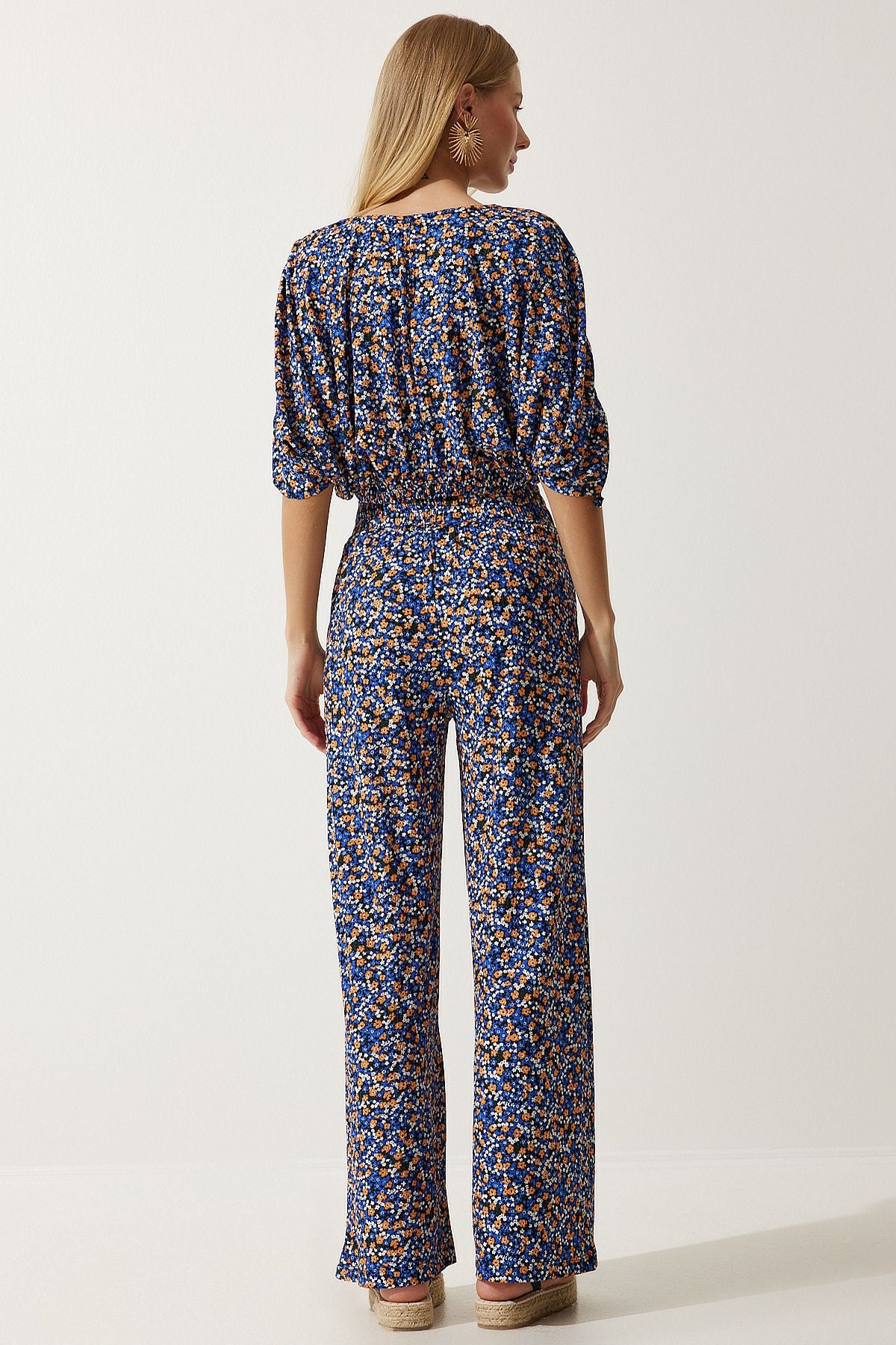 Women's Blue Orange Patterned Blouse Palazzo Knitting Set MC00264