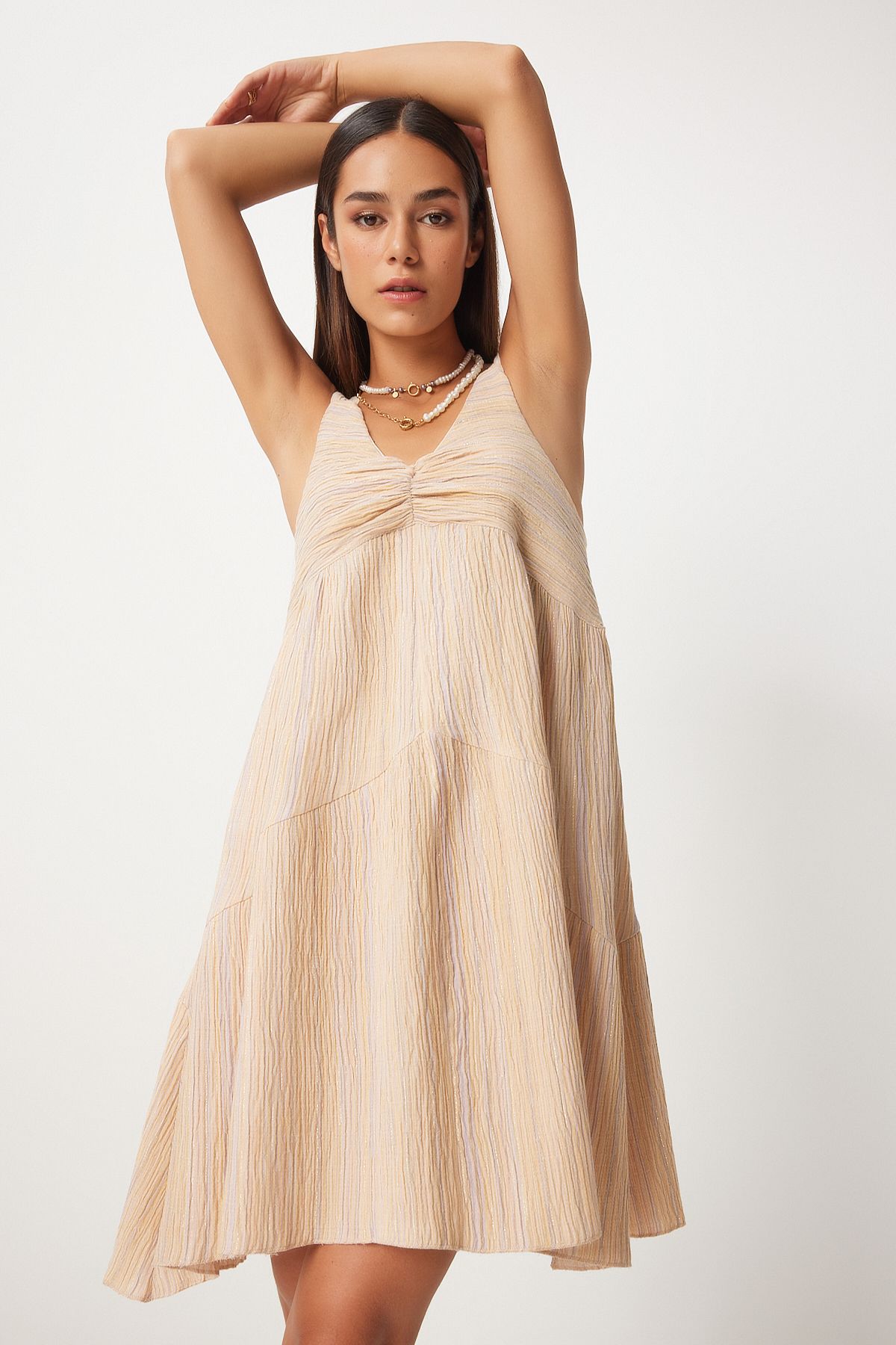 Women's Cream Shirred collar A cut summer knitted dress wf00079