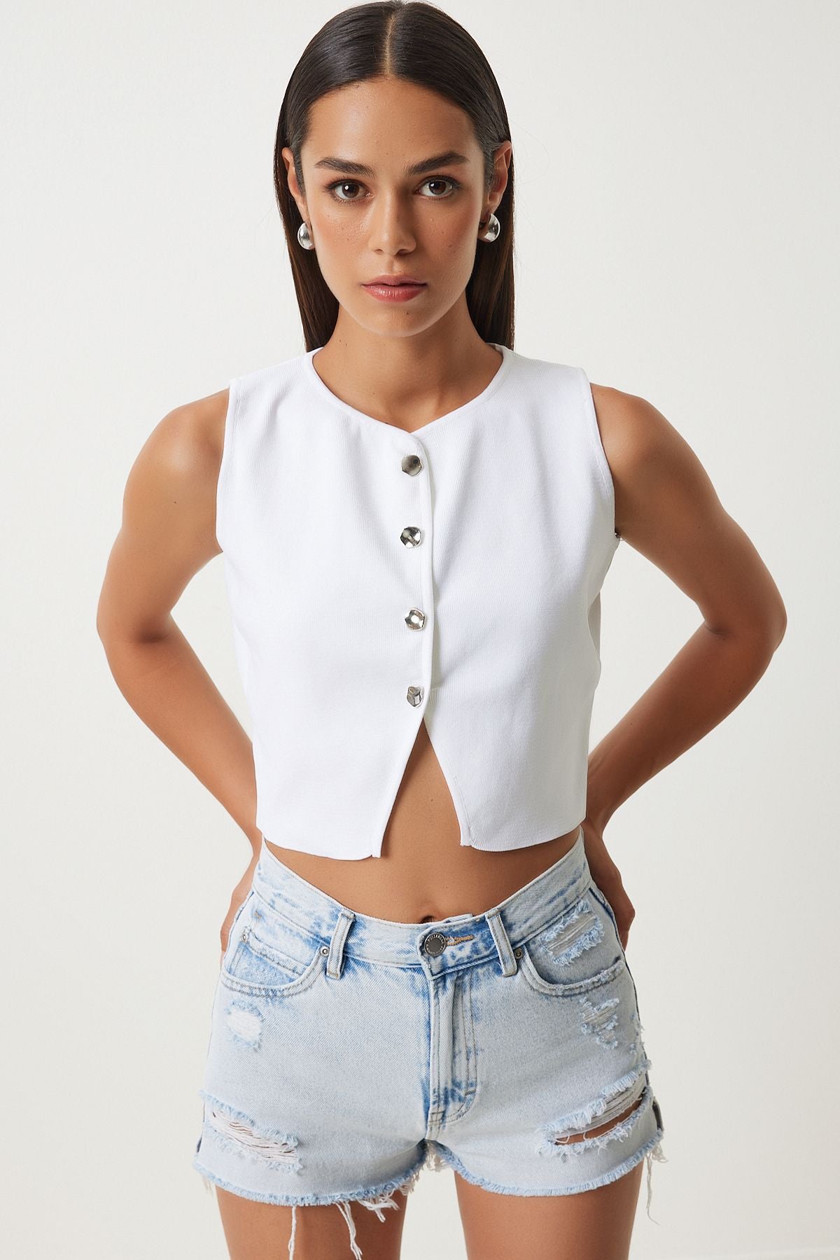 Woman Ecru Stylish button Crop knitwear vest FN03209