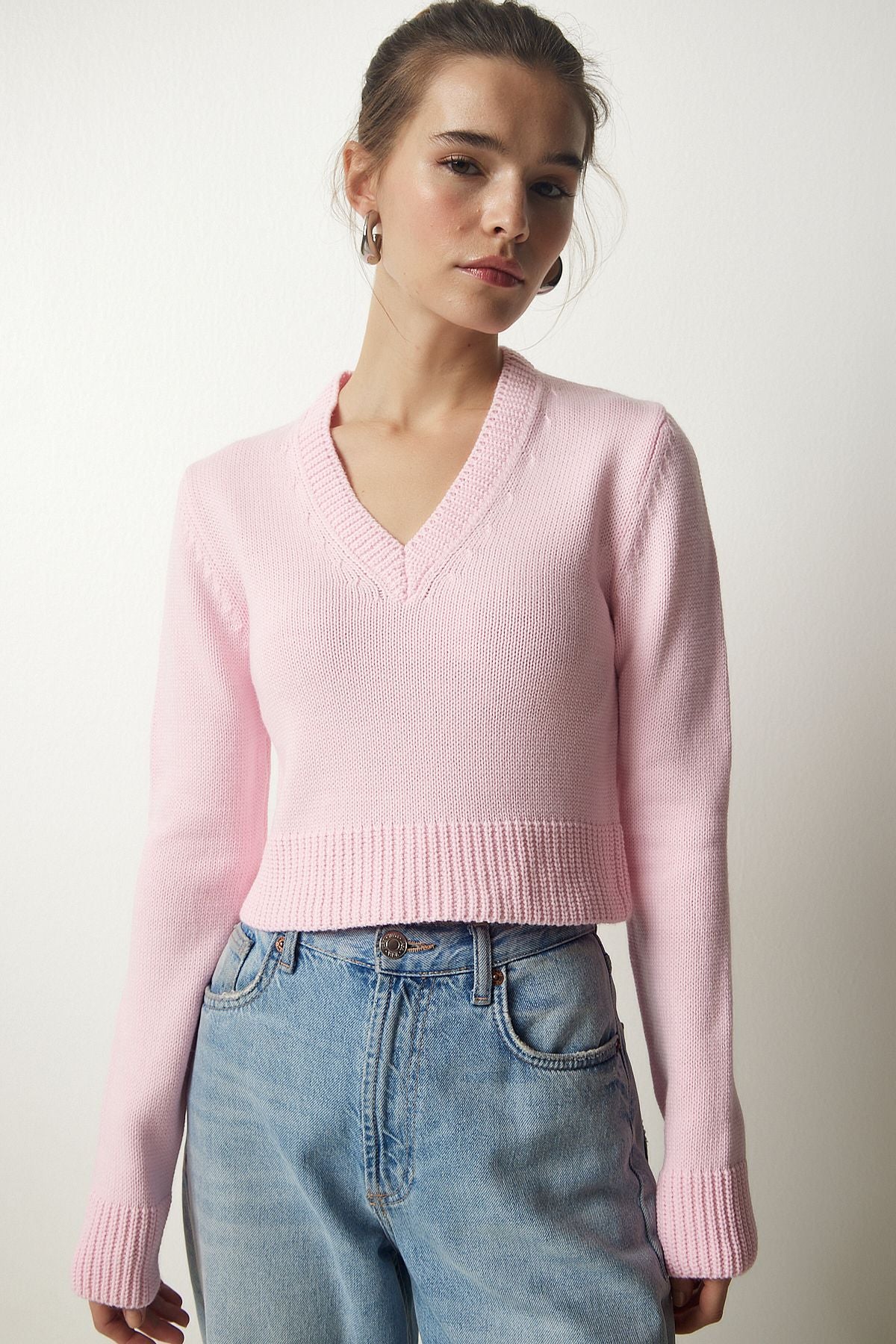 Woman Light Pink V Yaka Crop Knitwear sweater PF00040