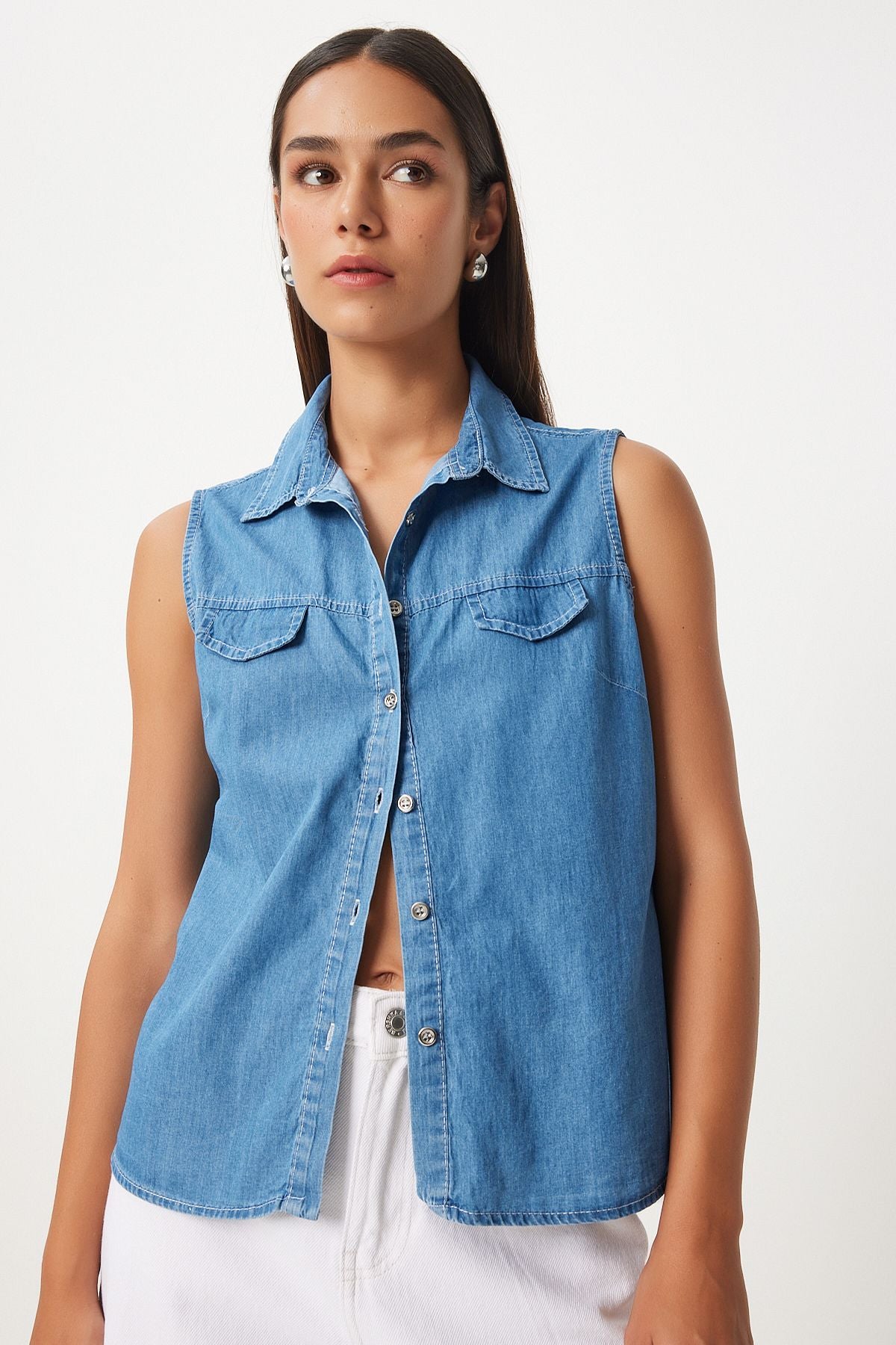 Women's Blue Pocket Cover Denim Vest DD01332