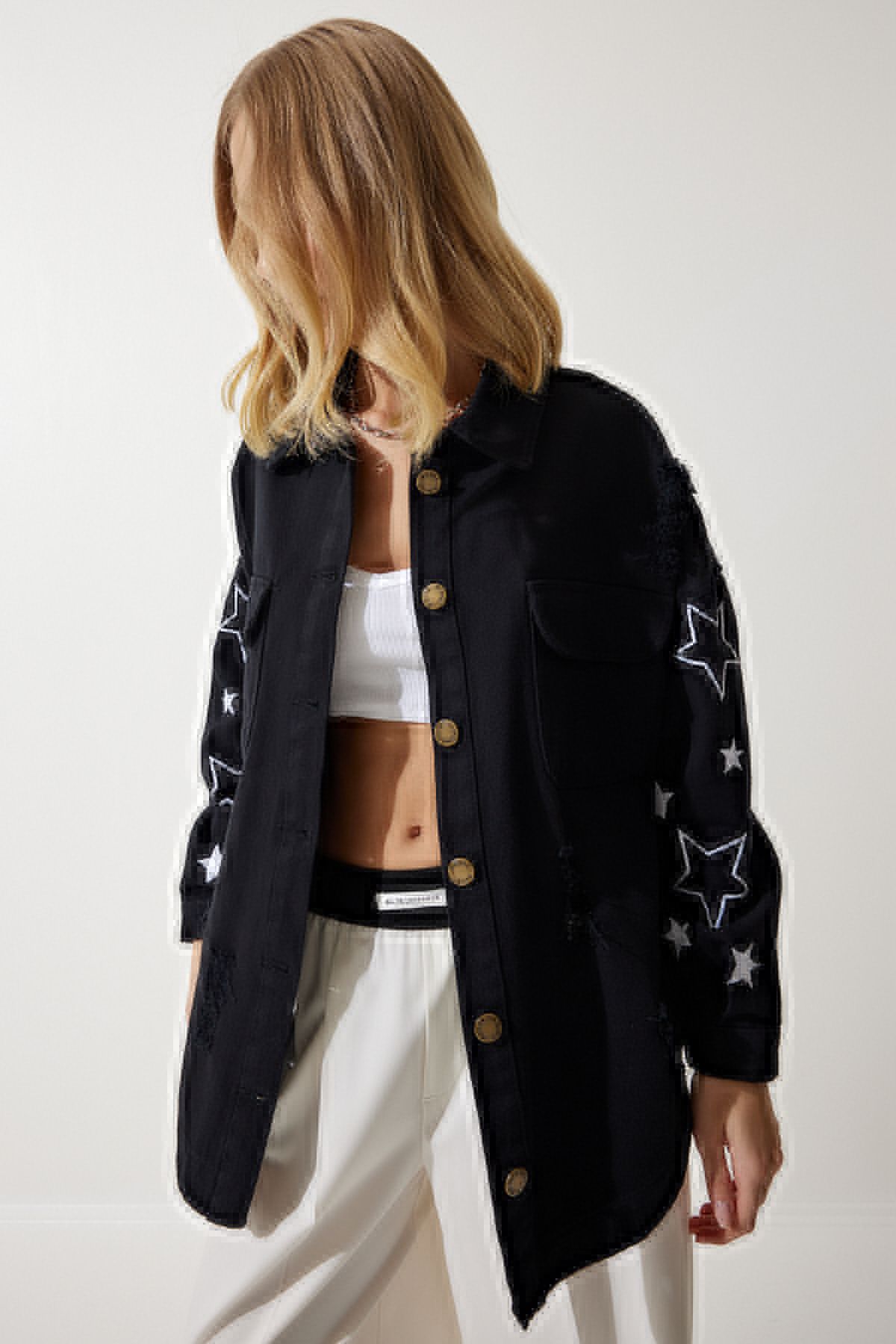 Female black star embroidery overwhelm shirt jacket sa00026