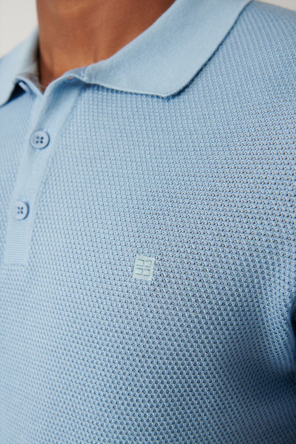 Men's Light Blue 3 Button Tissue Ribanian Polo Yaka Triko T-Shirt B005009