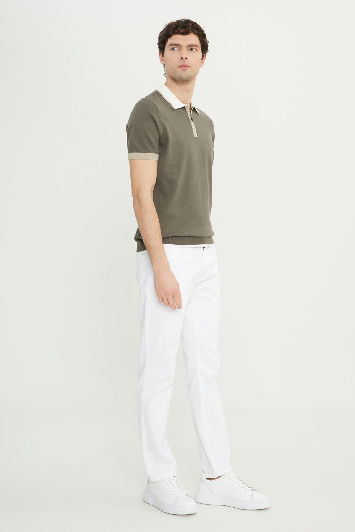 100 %Cotton Standard Fit Normal Cut Polico Khaki Triko T -shirt