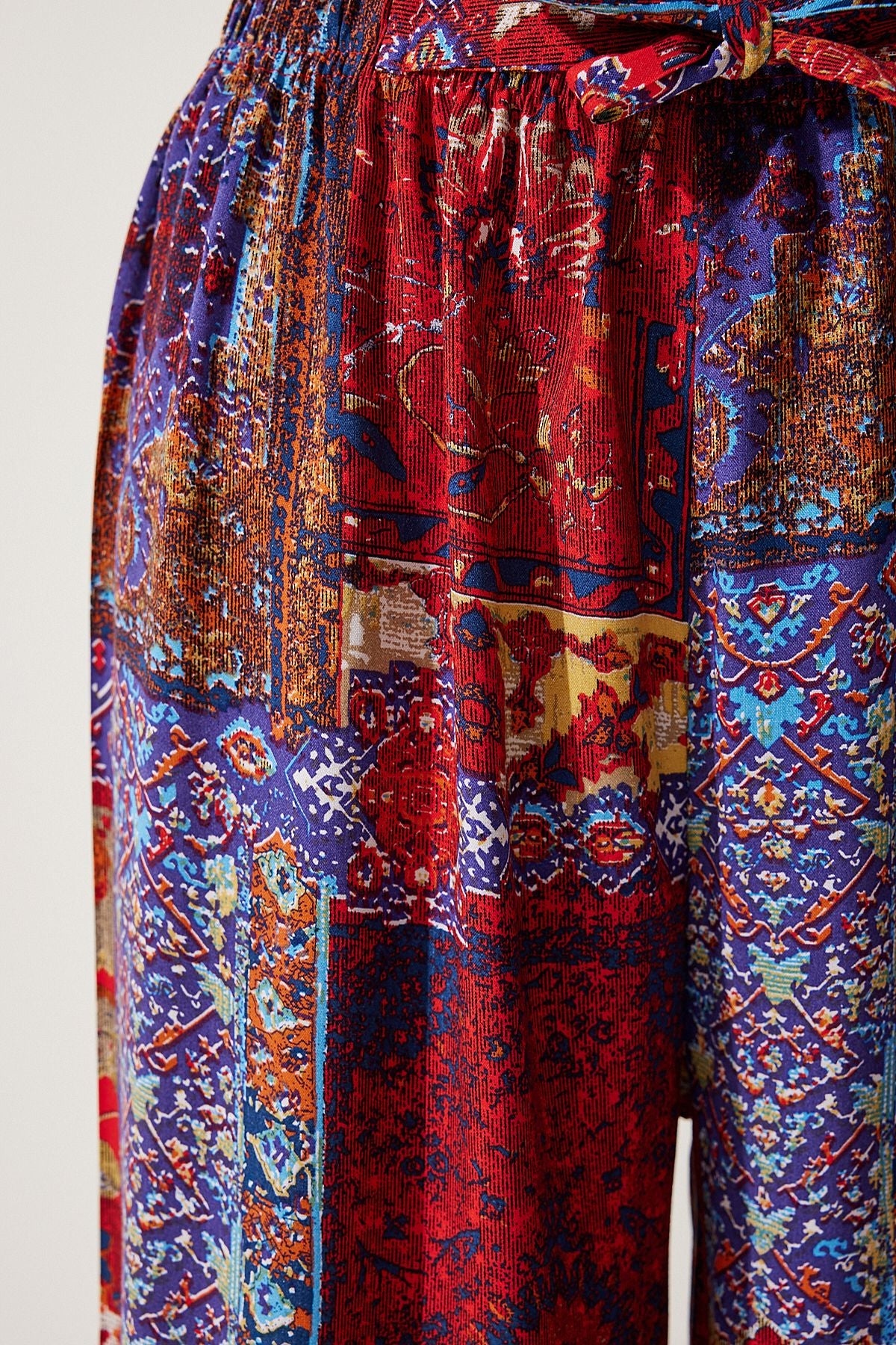Woman Red Blue Patterned Viscose Palazzo Pants EN00606