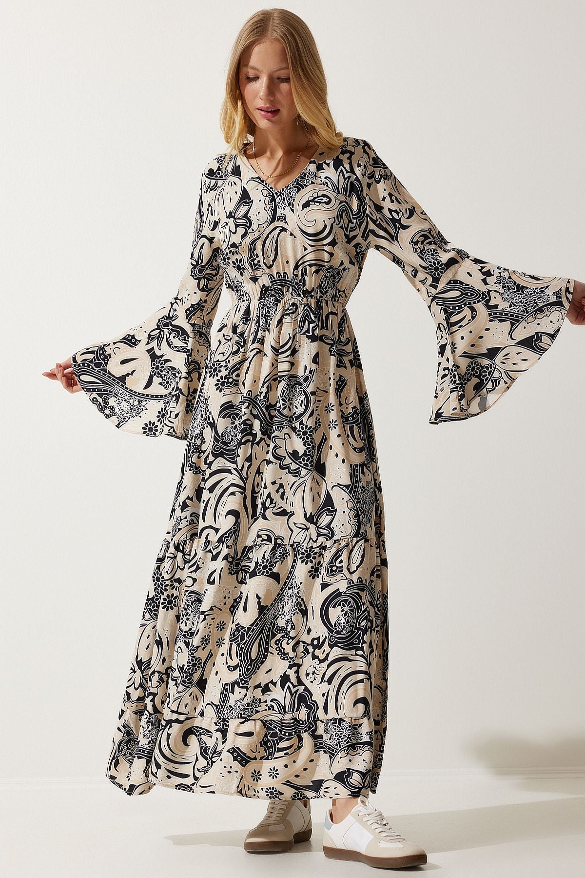 Female Beige Patterned Summer Viscose Dress DD01303