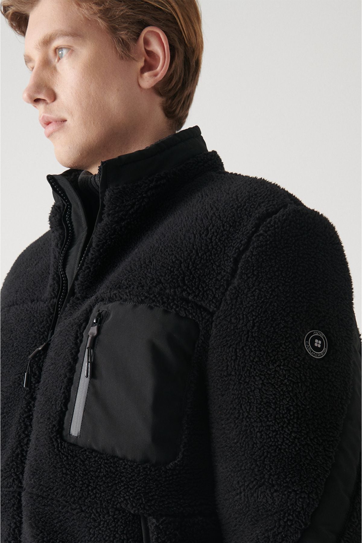 Men's black upright collar plush coat A22y6026
