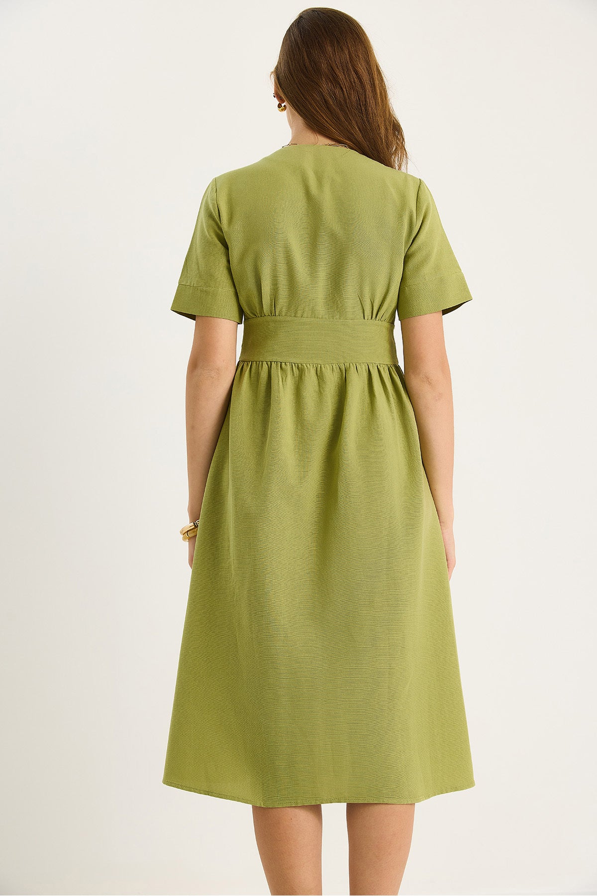 Women's V-Neck Waist Detailed Buttoned Short Sleeve Viscose Linen Dress 5260 60281100