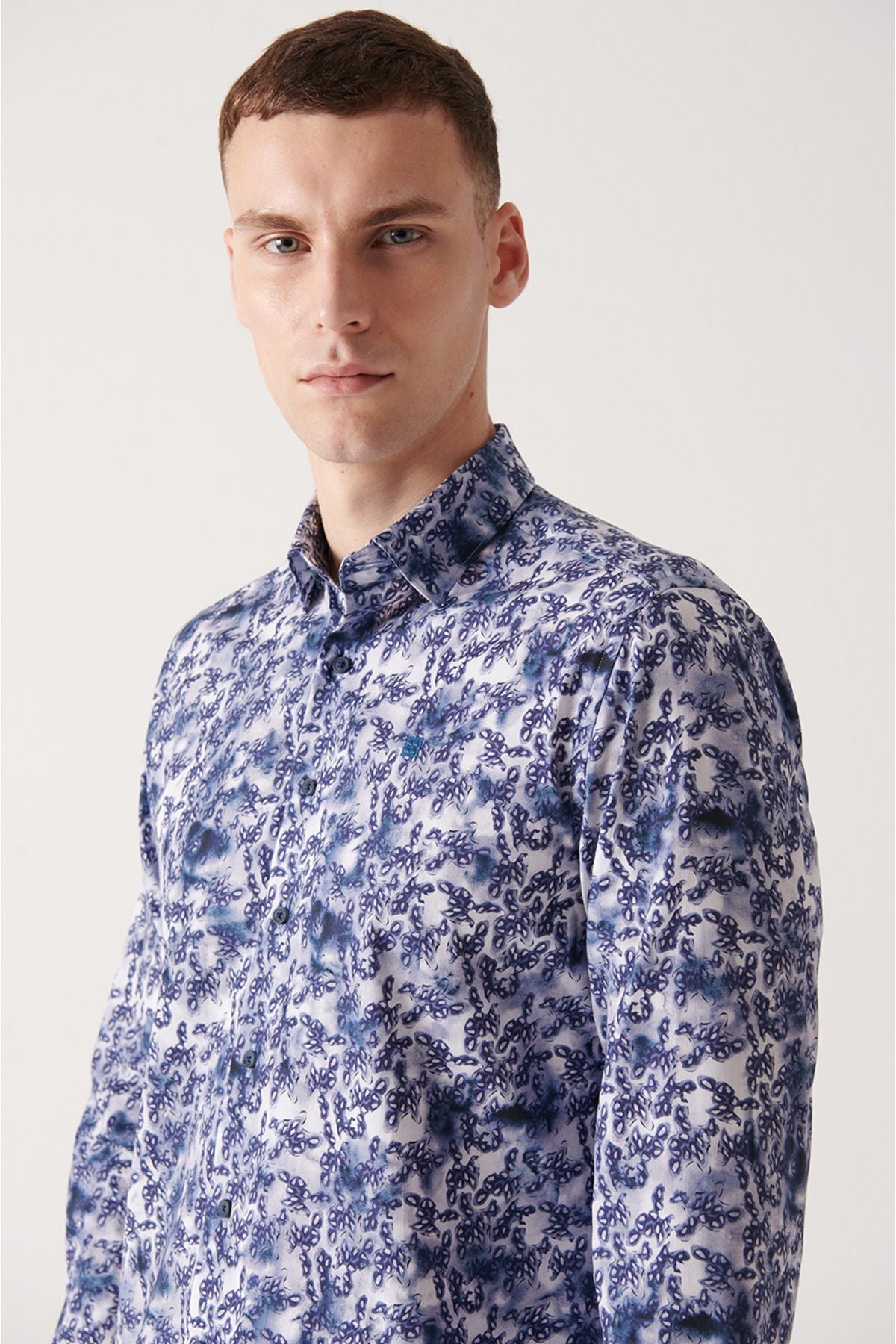 Men's Navy Blue Abstract Pattern 100 %Cotton Shirt A22Y2013