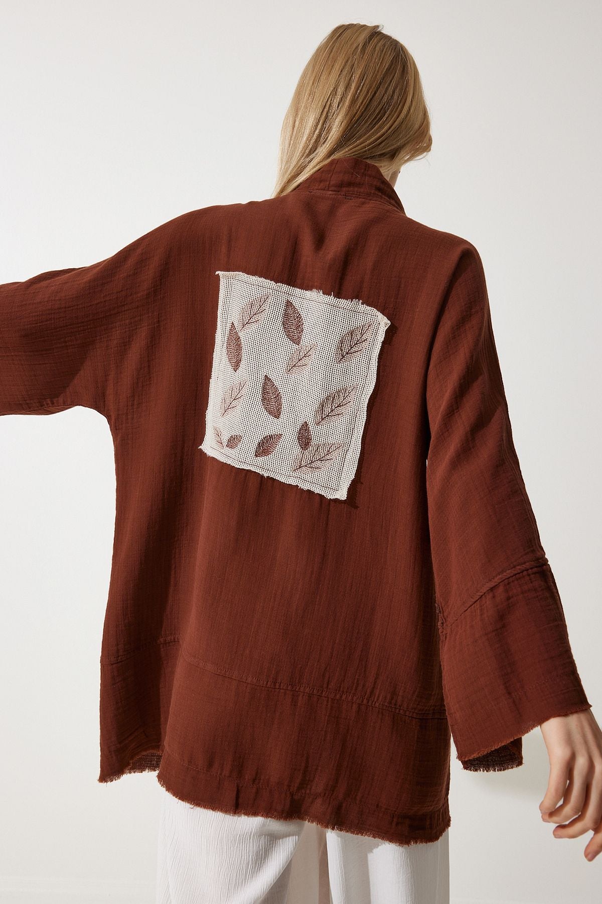 Female Brown Flower Detail Premium Muslin Kimono RG00030