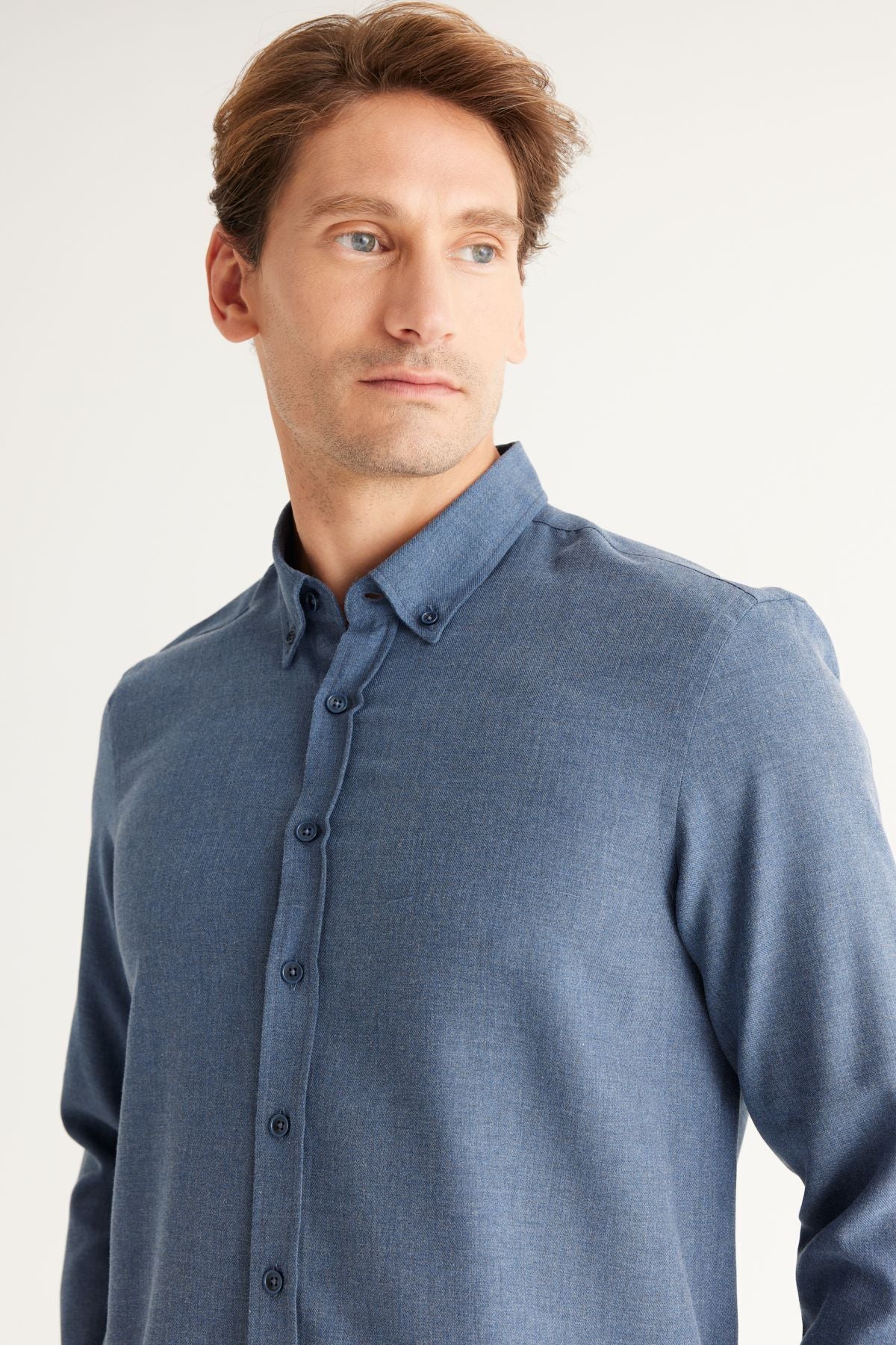 Men's indigo slim fit narrow cut buttoned collar cotton flannel wood shirt
