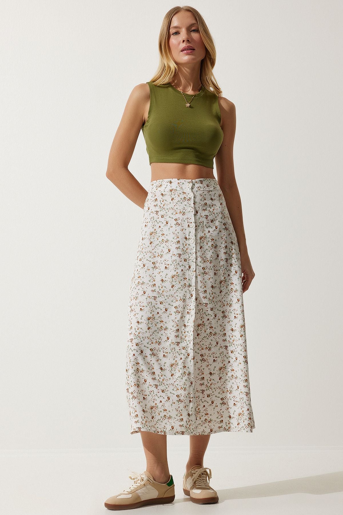 Female ecru patterned slit viscose skirt UB00246