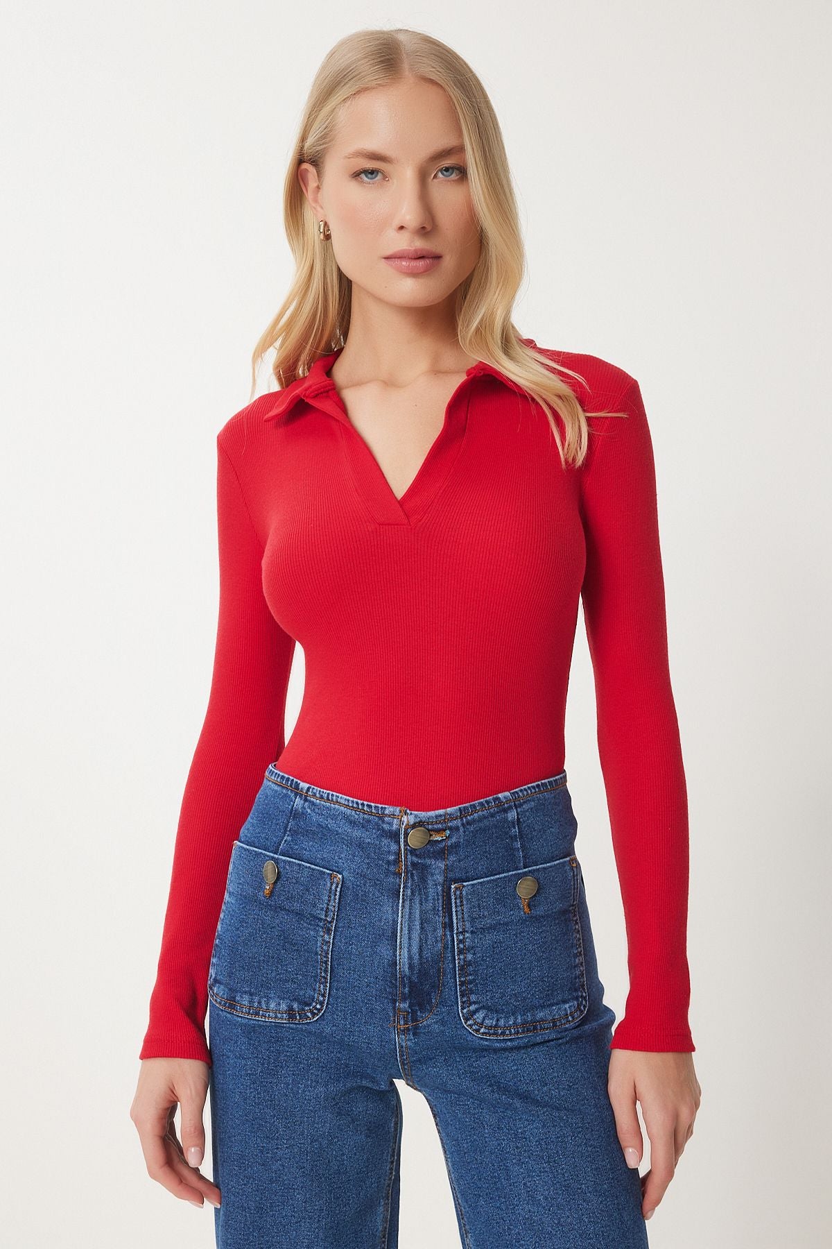 WOMEN BLACK RED 2 Piece Polo Yaka Vum Knitting Blouse GT00232
