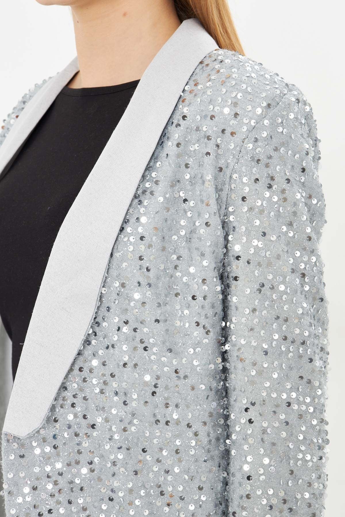 Woman Light Gray Shawl Paper Payet Jacket ARM-24K001052