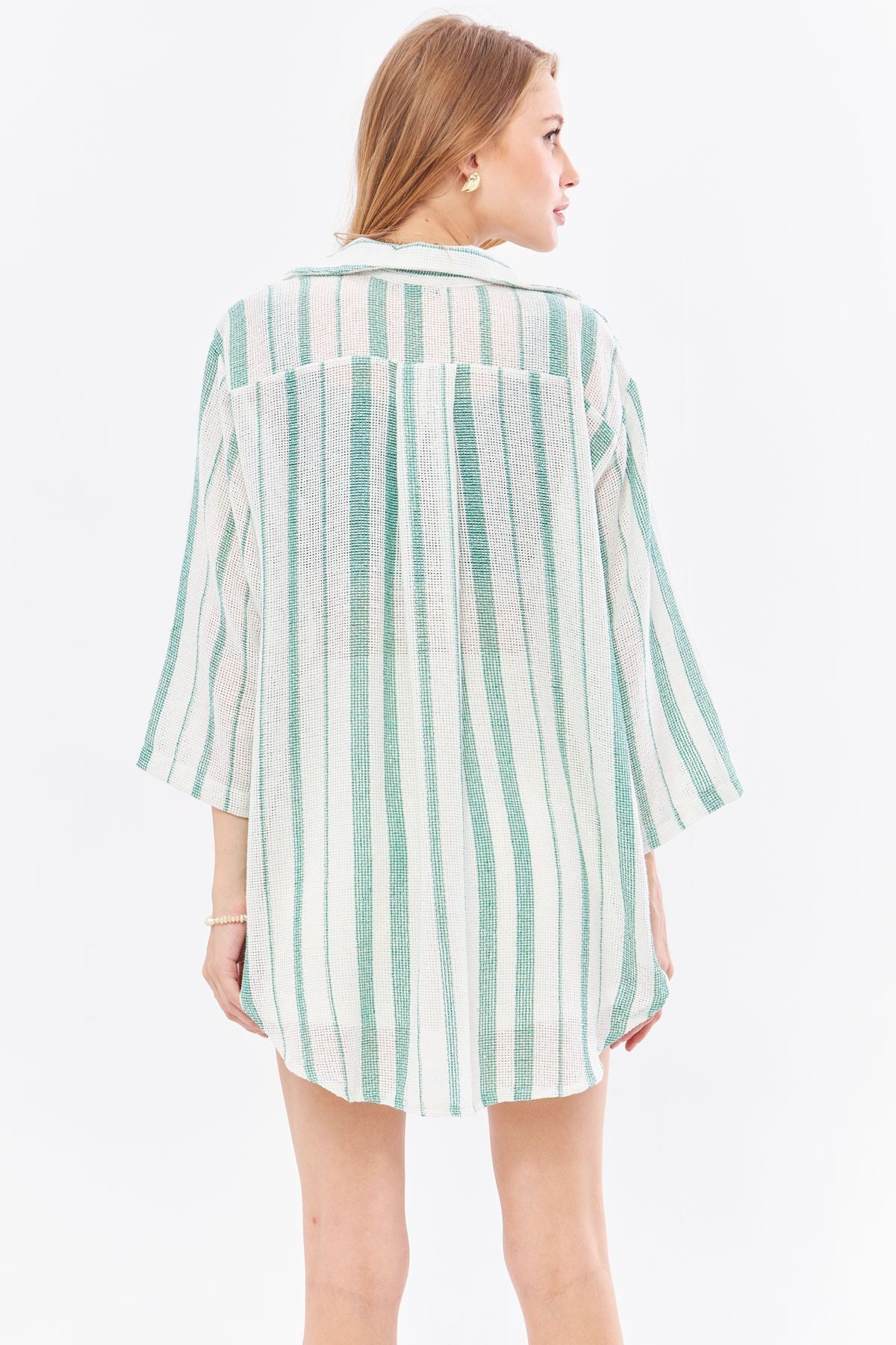 Woman Dark Green Striped front connecting kimono shirt ARM-24Y001091