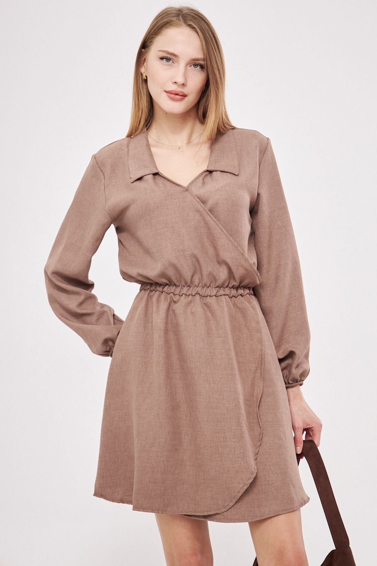 Female mink shirt collar cruishe waist and arm rubber dress with rubber dress ARM-25K001047