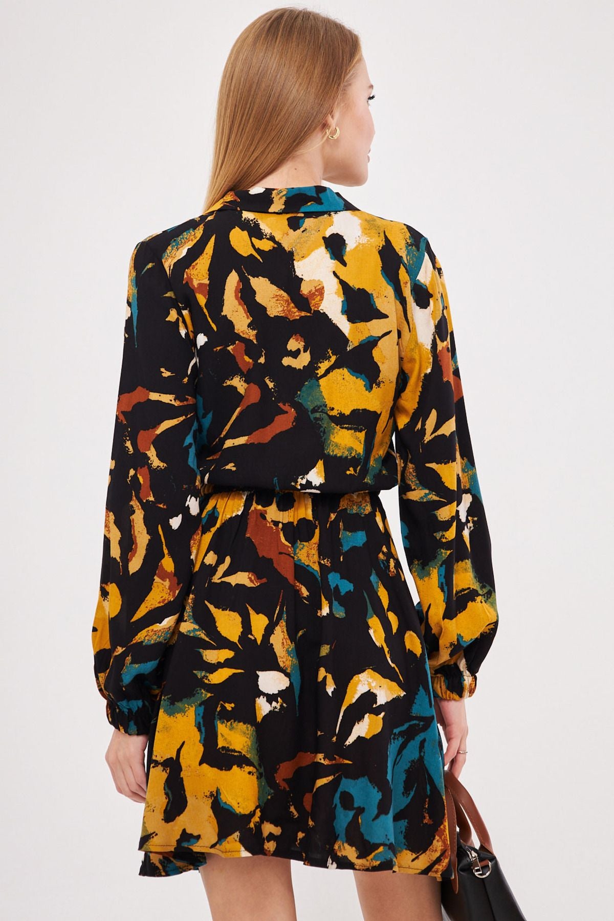Female mustard shirt collar detailed waist arm tire closes dress ARM-25K001043