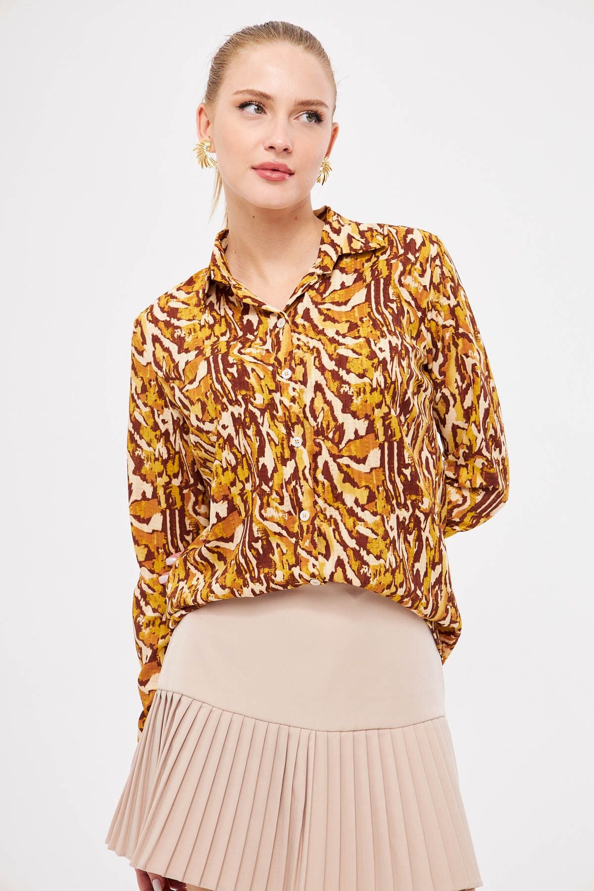 Women's Beige-Cahve Patterned Long Sleeve Shirt ARM-25K001040