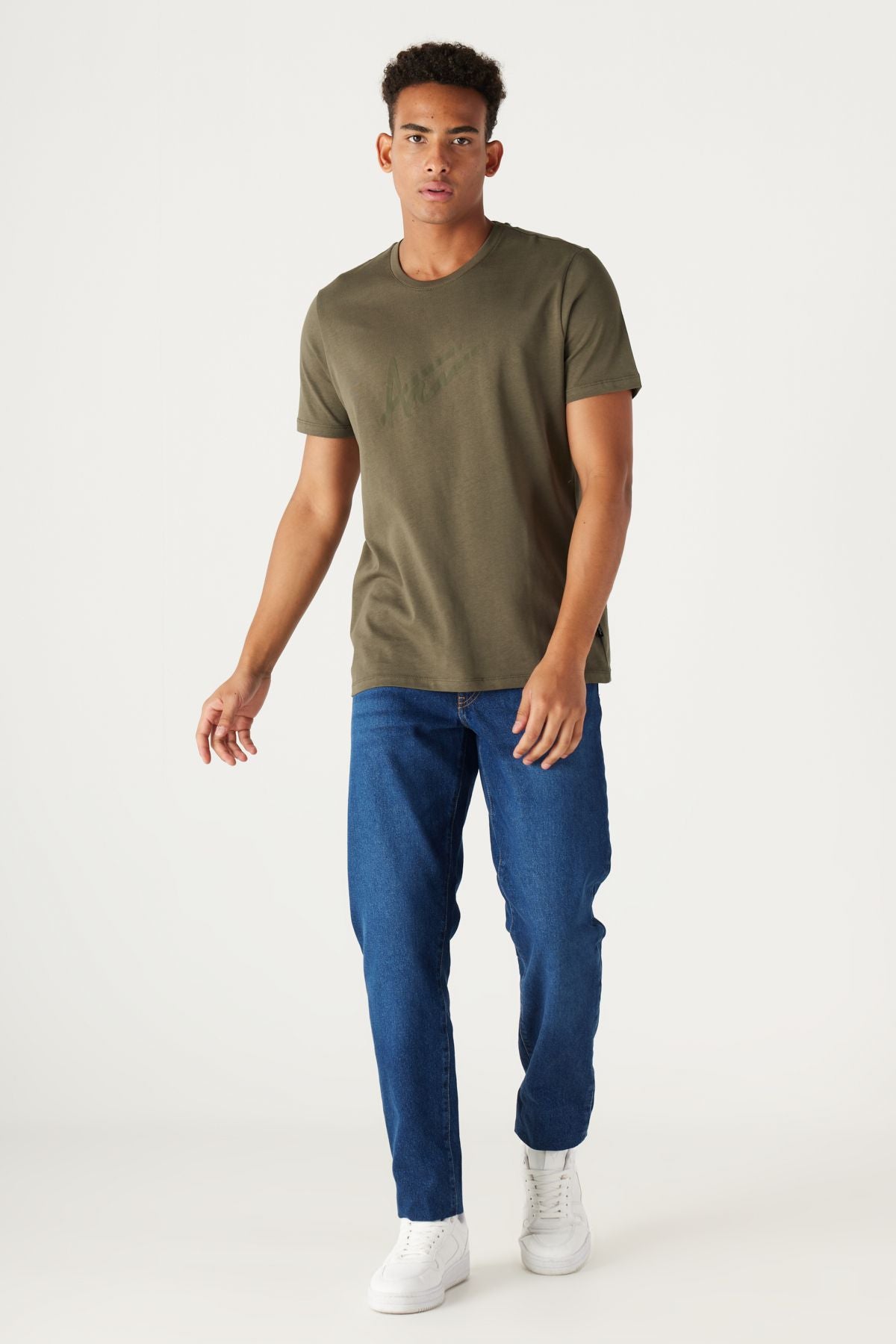 Men's Khaki Slim Fit Narrow Cut Bicycle Collar 100 %Cotton Printed T -shirt
