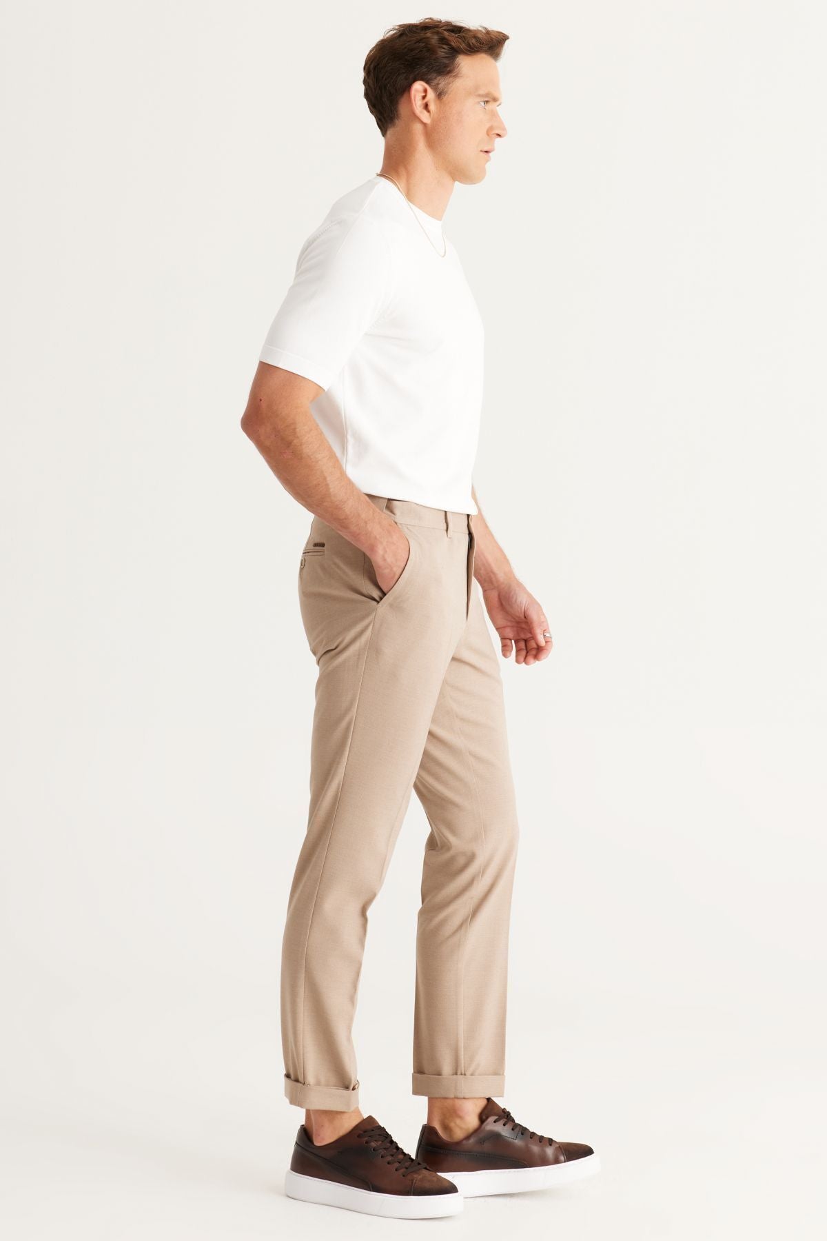 Men's Beige Slim Fit Narrow Cut Waist Waist Flexible Classic Fabric Pants