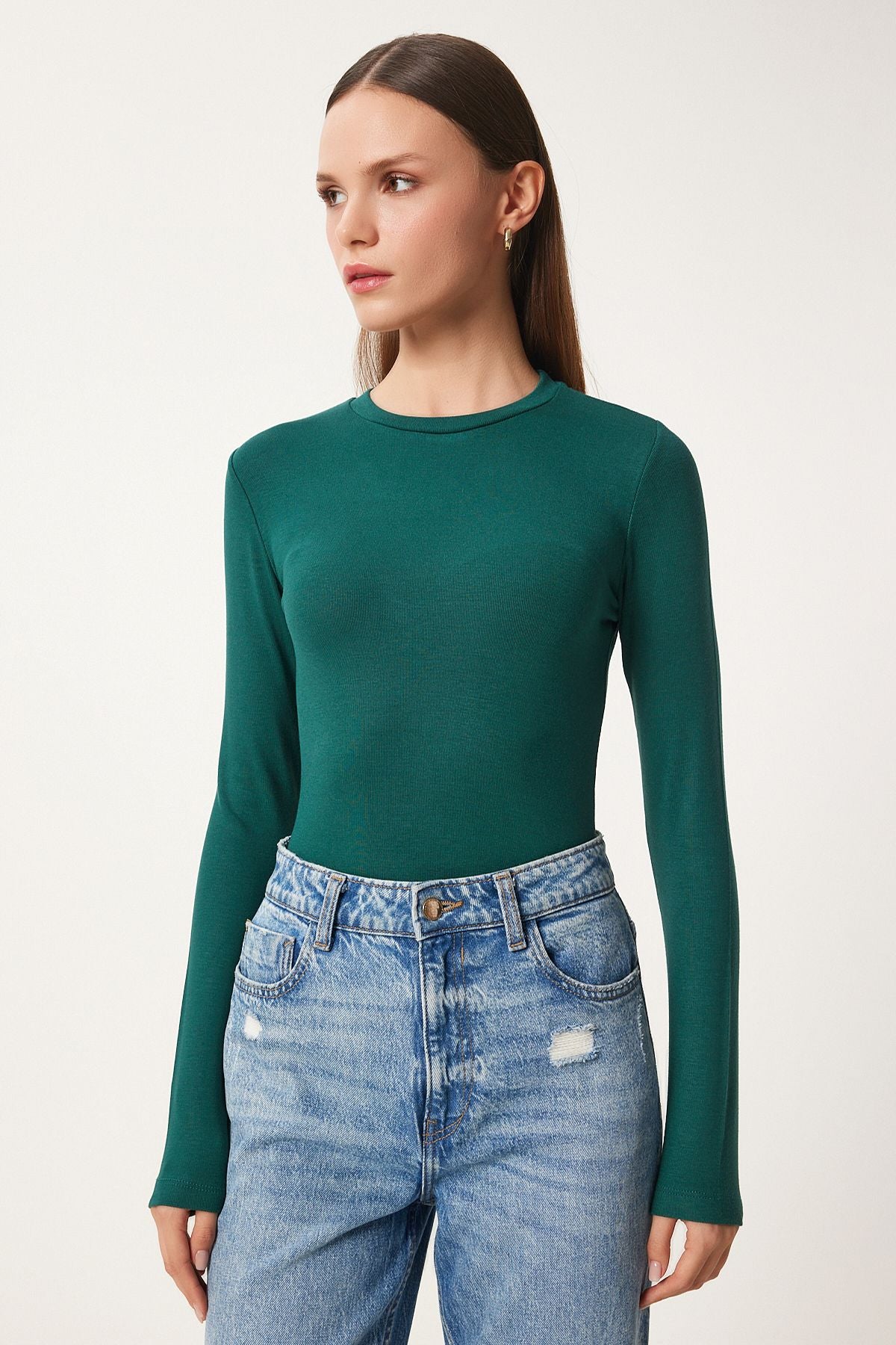 Female Ekru Emerald Green 2 Package Bike Bike Finger Passing Basic Knitting Blouse CR00440
