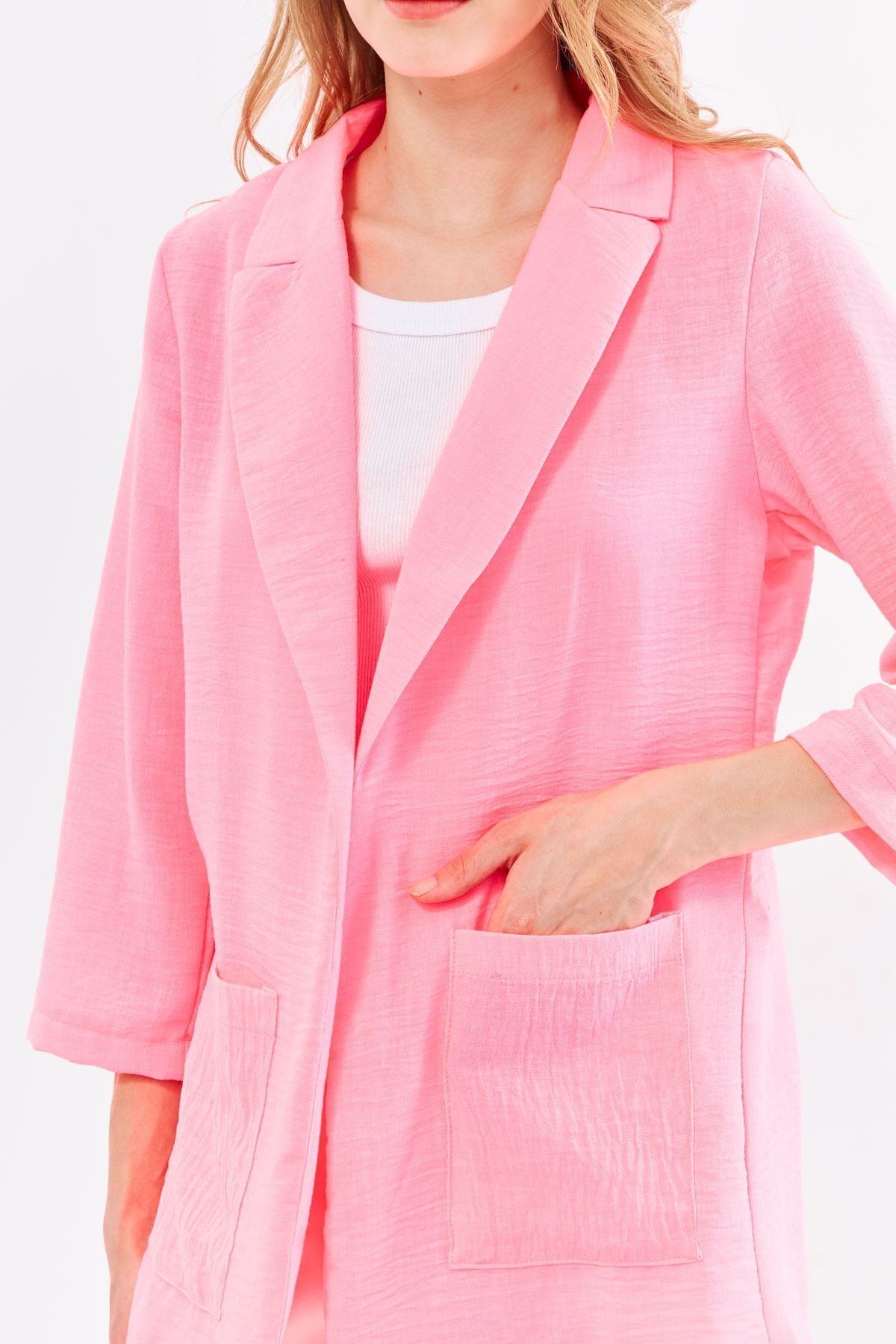 Female Neon Pink Linen-Looking Pocket Oversize Jacket ARM-24Y001065