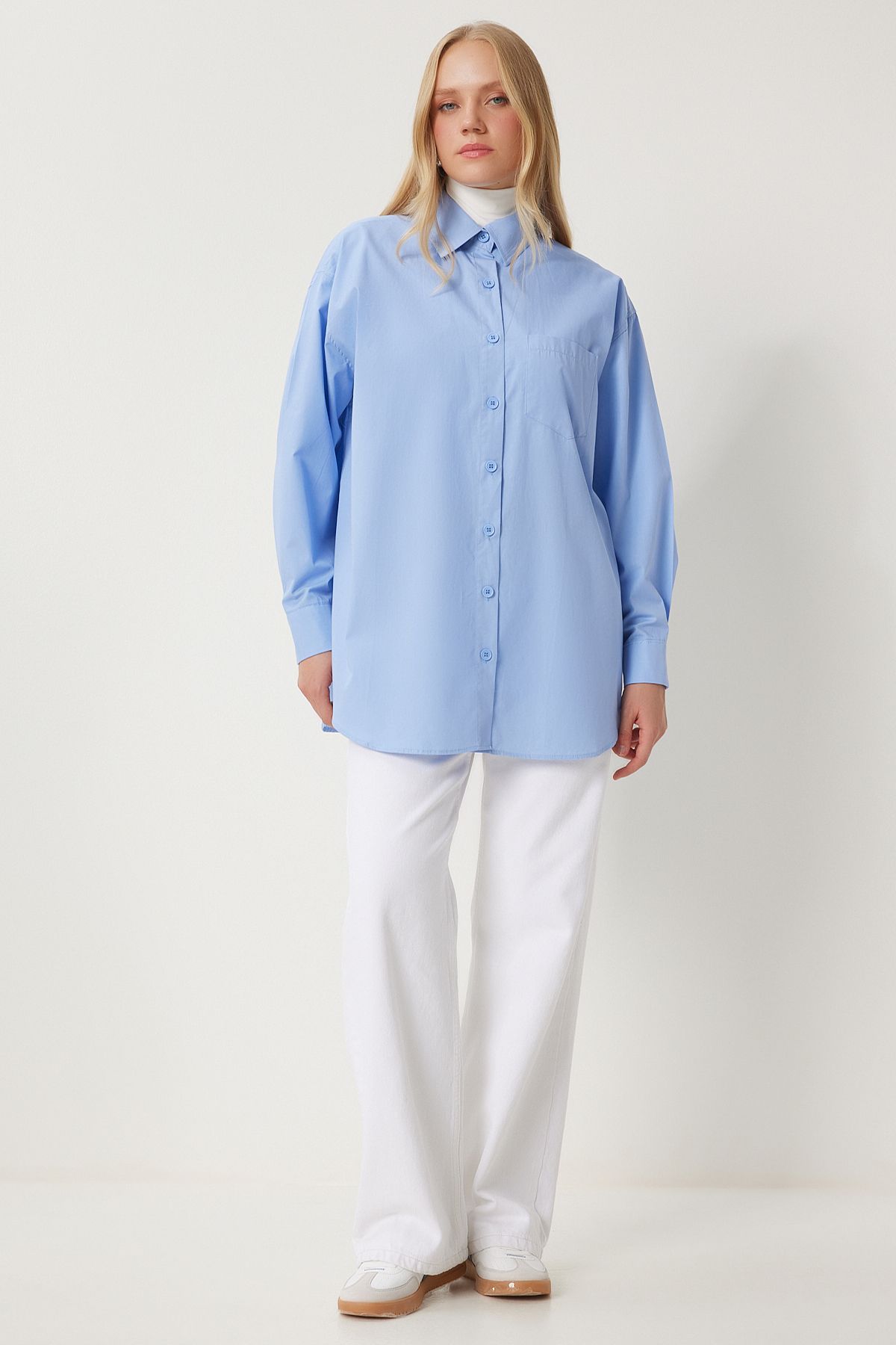 Woman Blue Oversize Long Woven Shirt BP00167