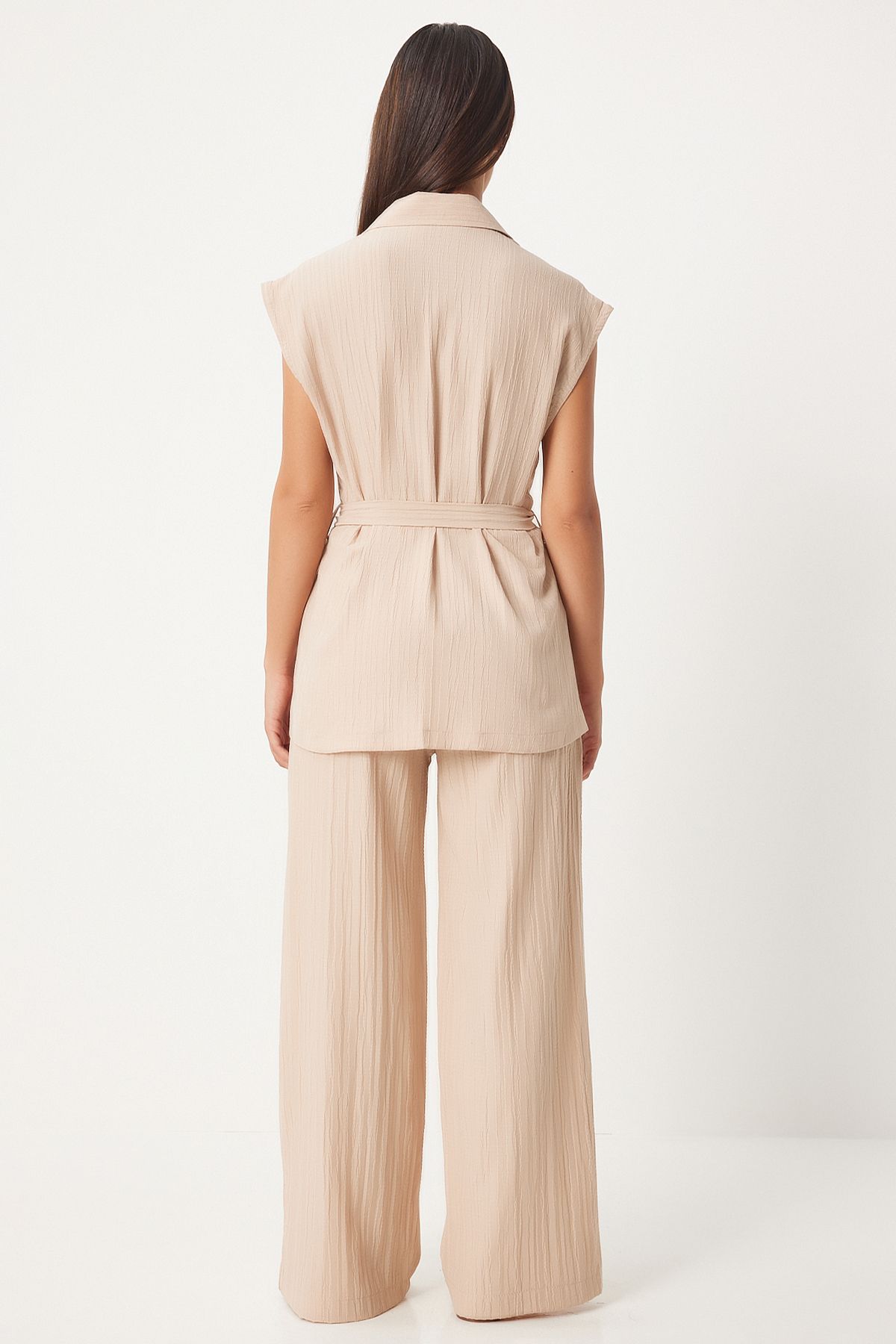 Women's Cream Arched Vest Palazzo Knitting Set By00055