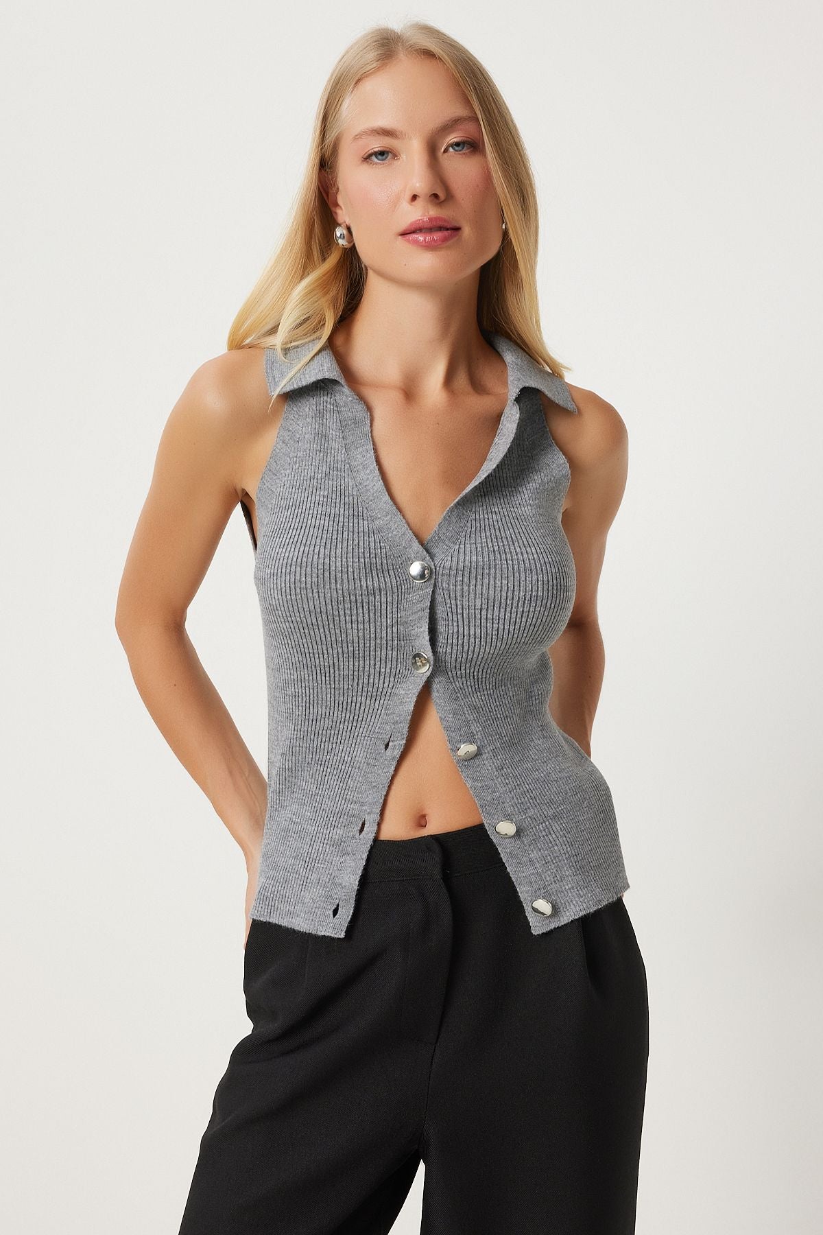 Women's Gray Polo Yaka Varriko Vest FN03302