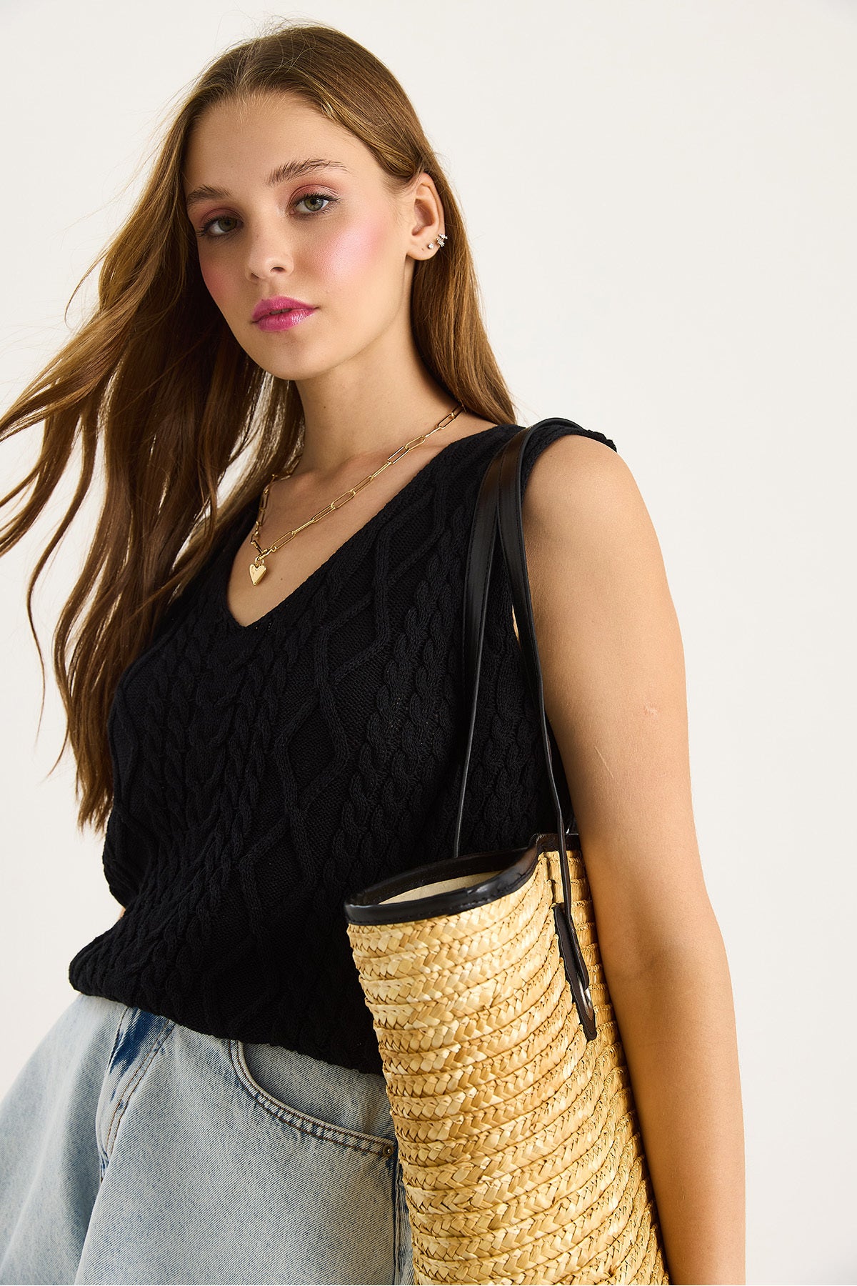 Women's V-Neck Knitted Detail Knitwear Strap Blouse 20258004