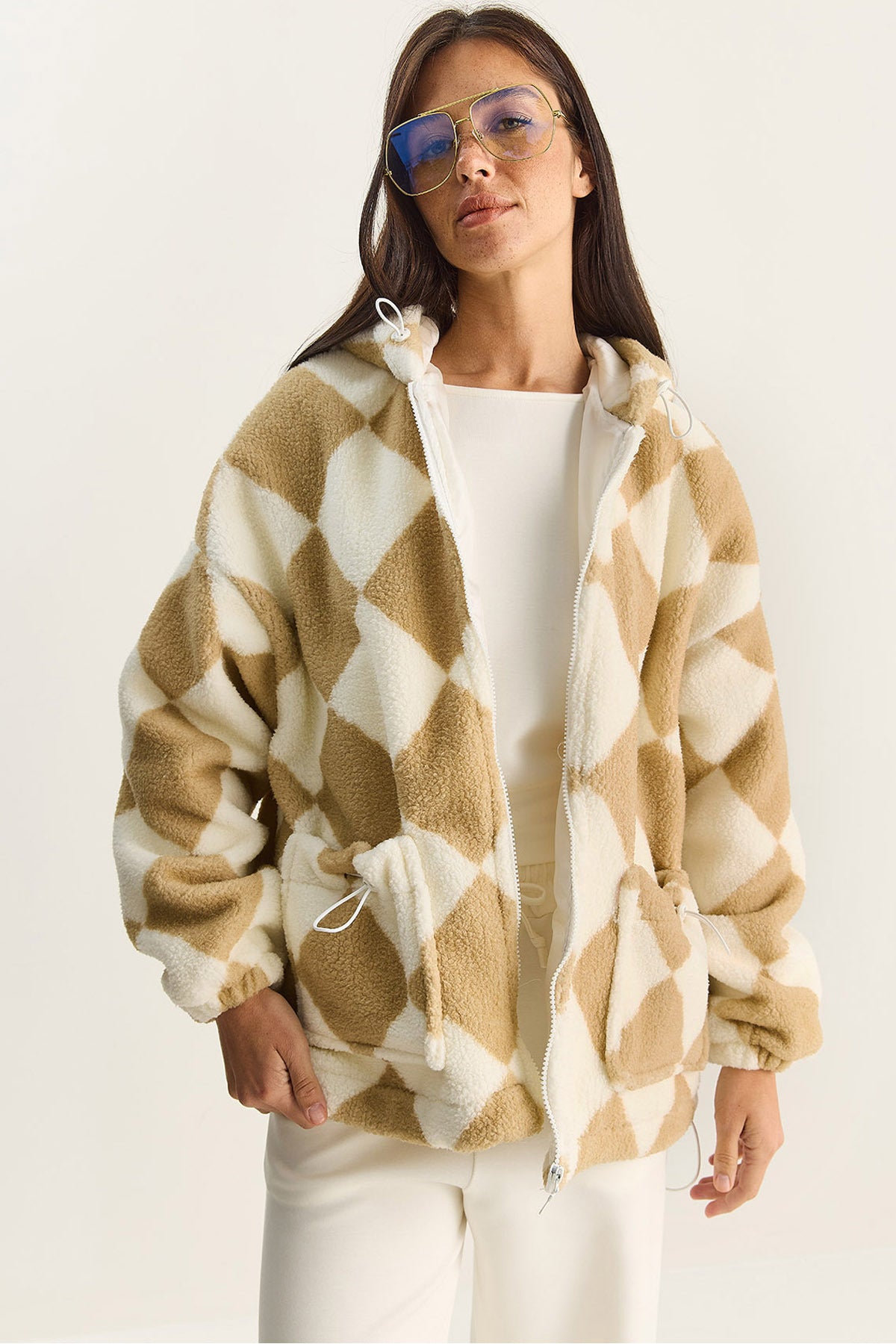 Women's Diamond Patterned Lined Hooded Plush Coat 4047 60283842