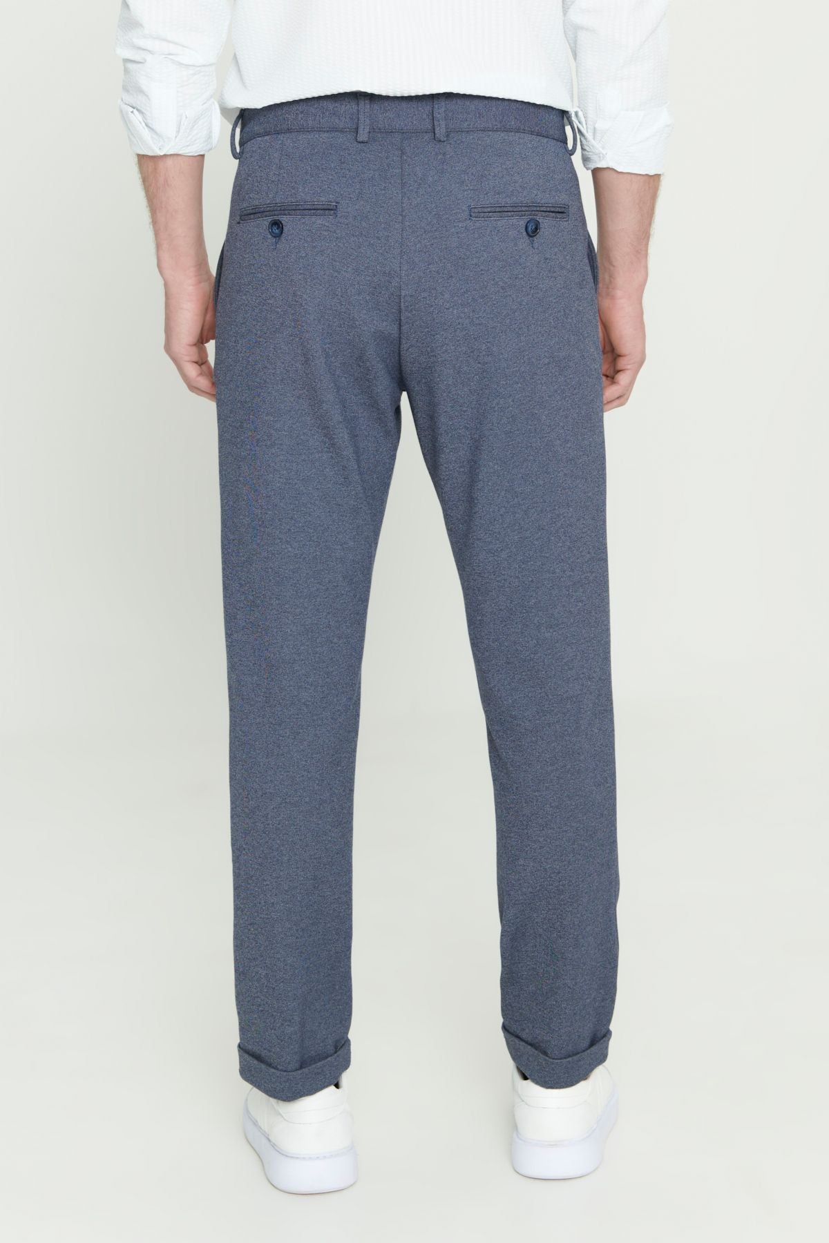 Men's navy blue slim fit narrow cut waist tied flexible pants