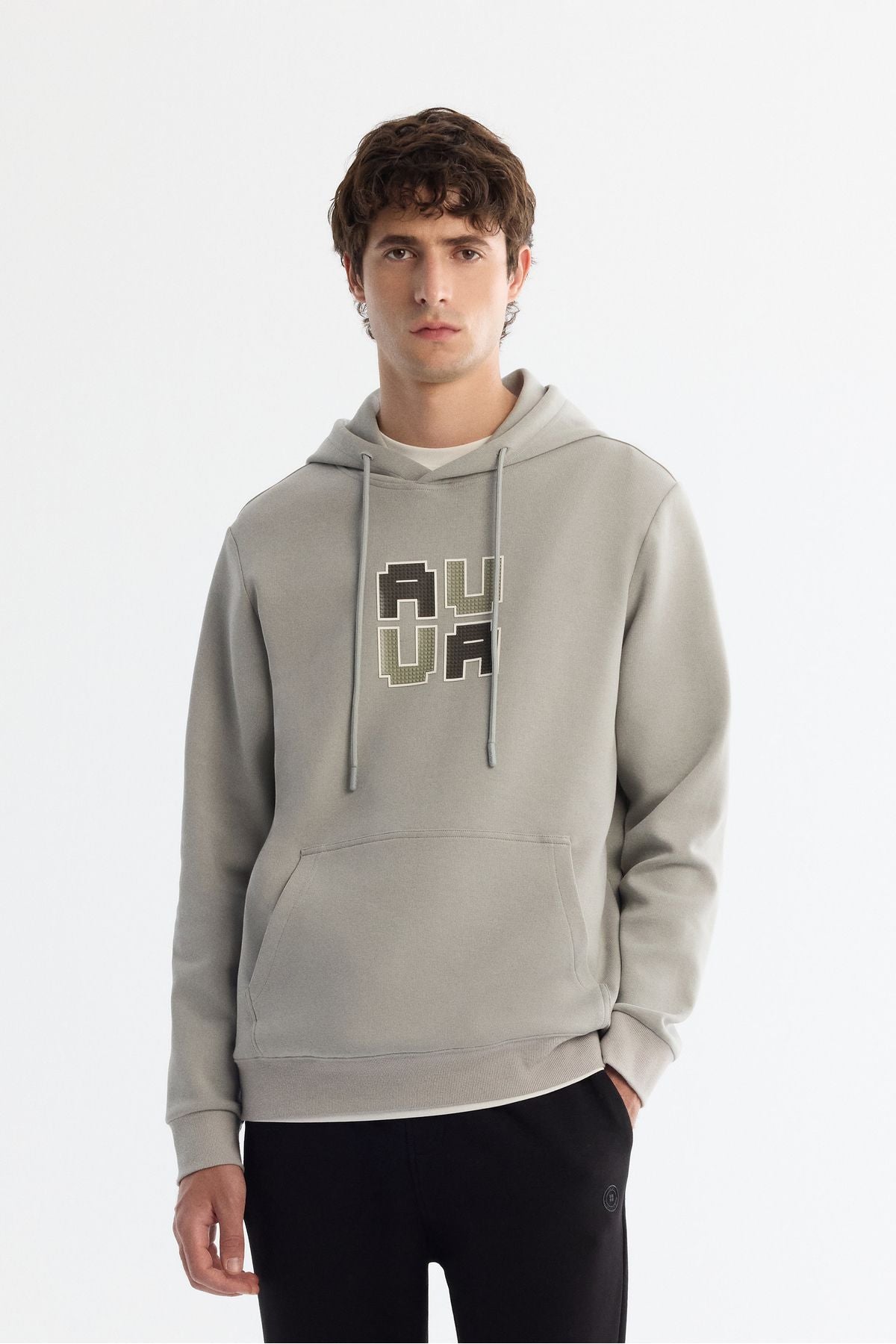 Men's gray hooded cotton printed elastan sweatshirt a42y1324