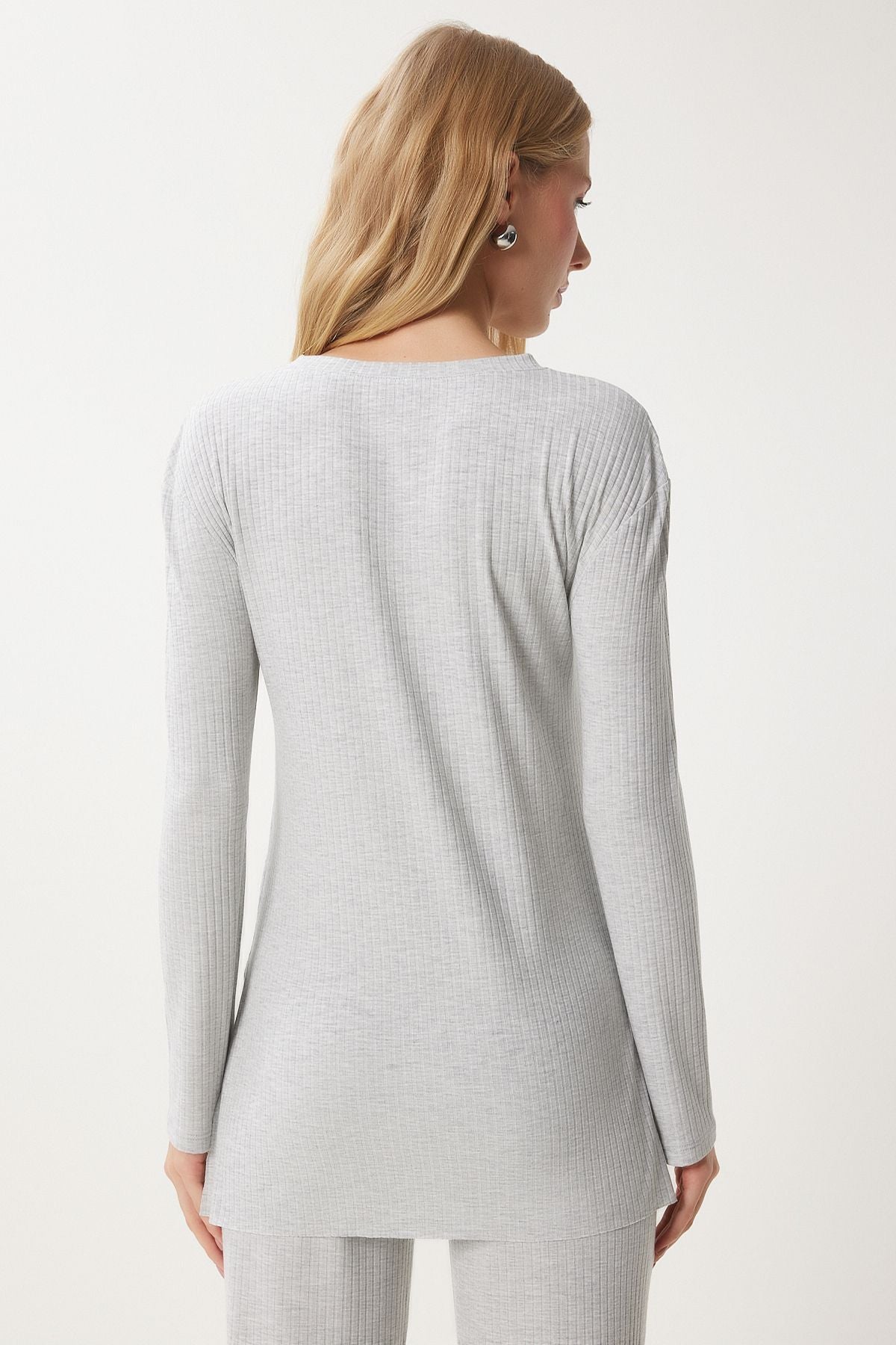 Woman Light Gray Casual Wick Knitting Blouse Pants Set OW00054
