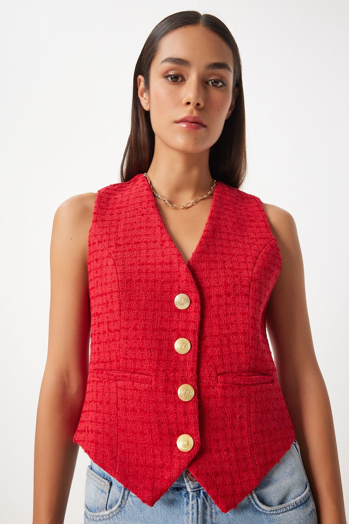 Woman Red Metal Button Detailed Stamp Vest to00111