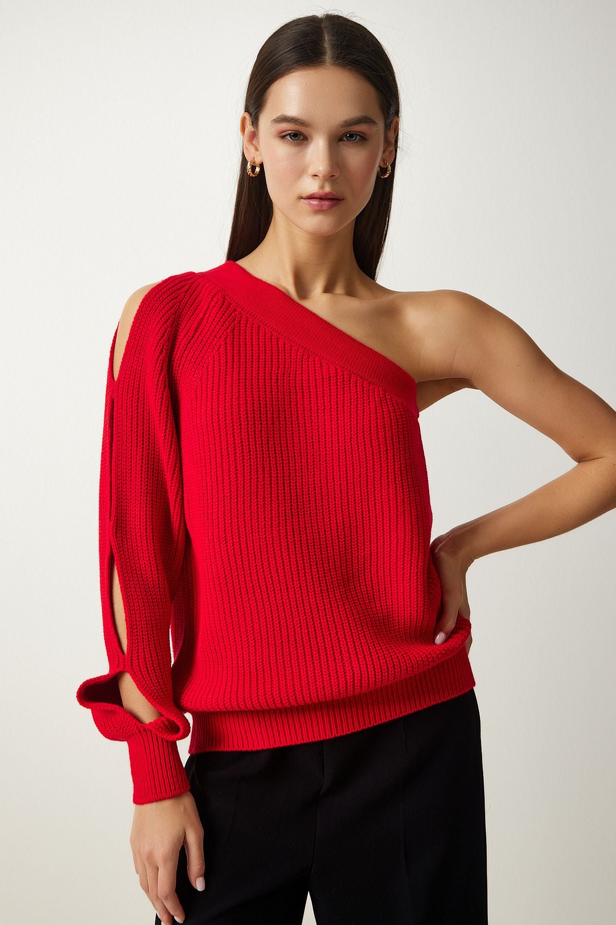 Woman Red Window Detail One Sleeve Knitwear Sweater PF00059