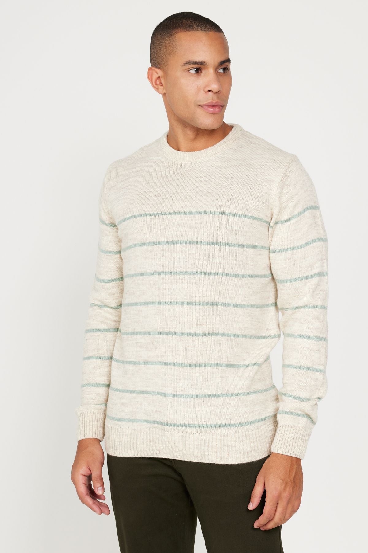 Men's Beige-Mint Standard Fit Normal Cut Cycling Cycling Yaka striped knitwear sweater