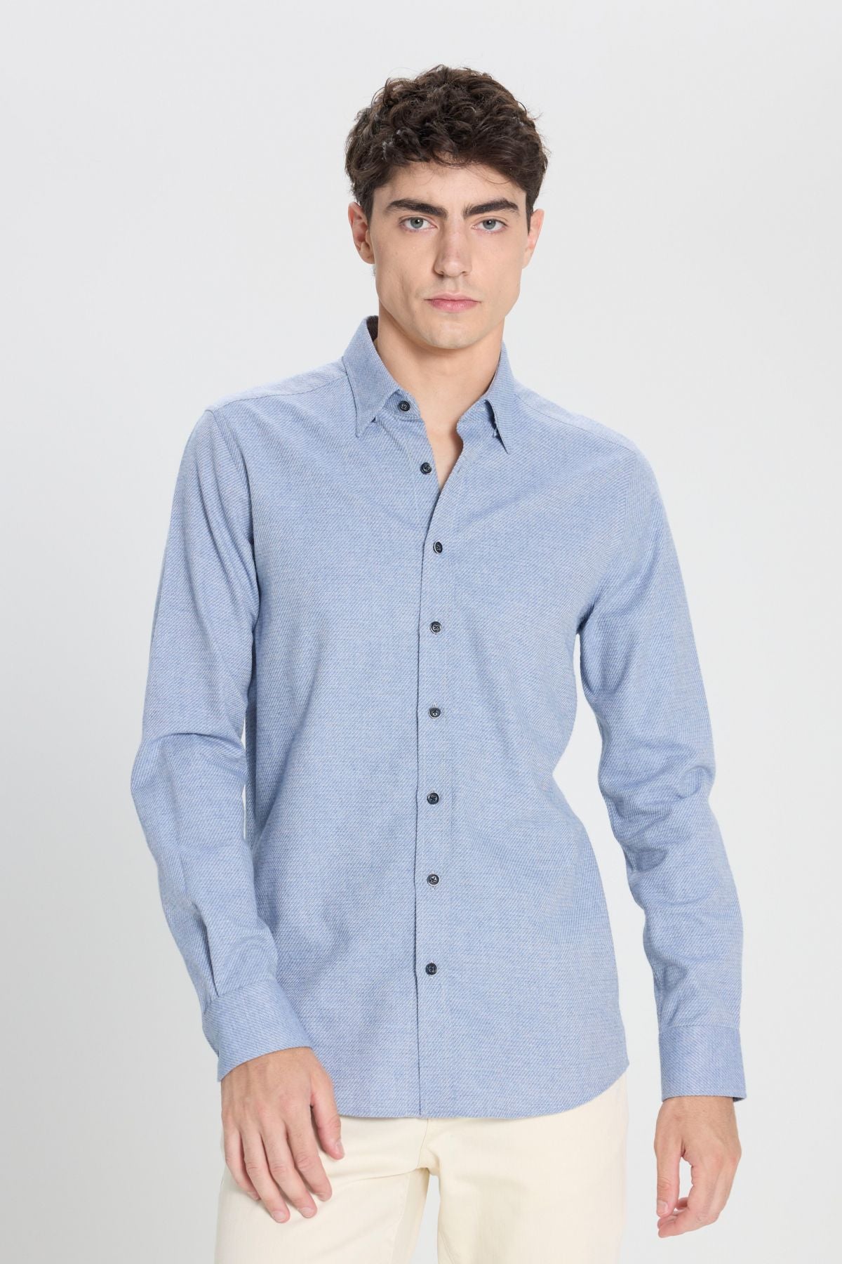 Men's blue slim fit narrow cut classic collar flannel shirt