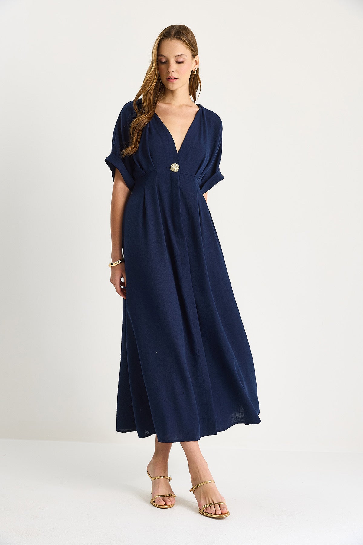 Women's V-Neck Gold Button Detailed Linen Dress 5266 60281107