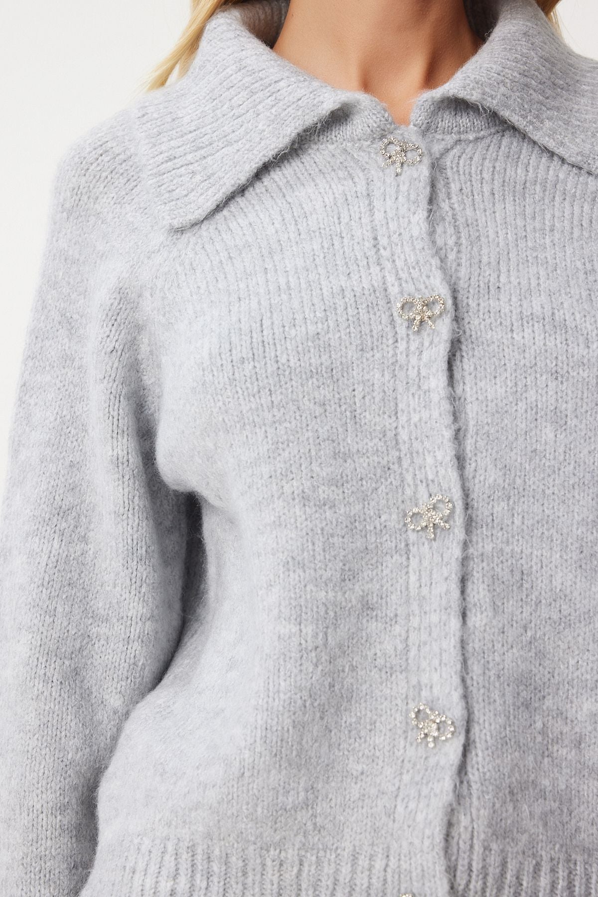 Women's Gray Stylish Bow Stone Button Polo Yaka Cardigan PF00094