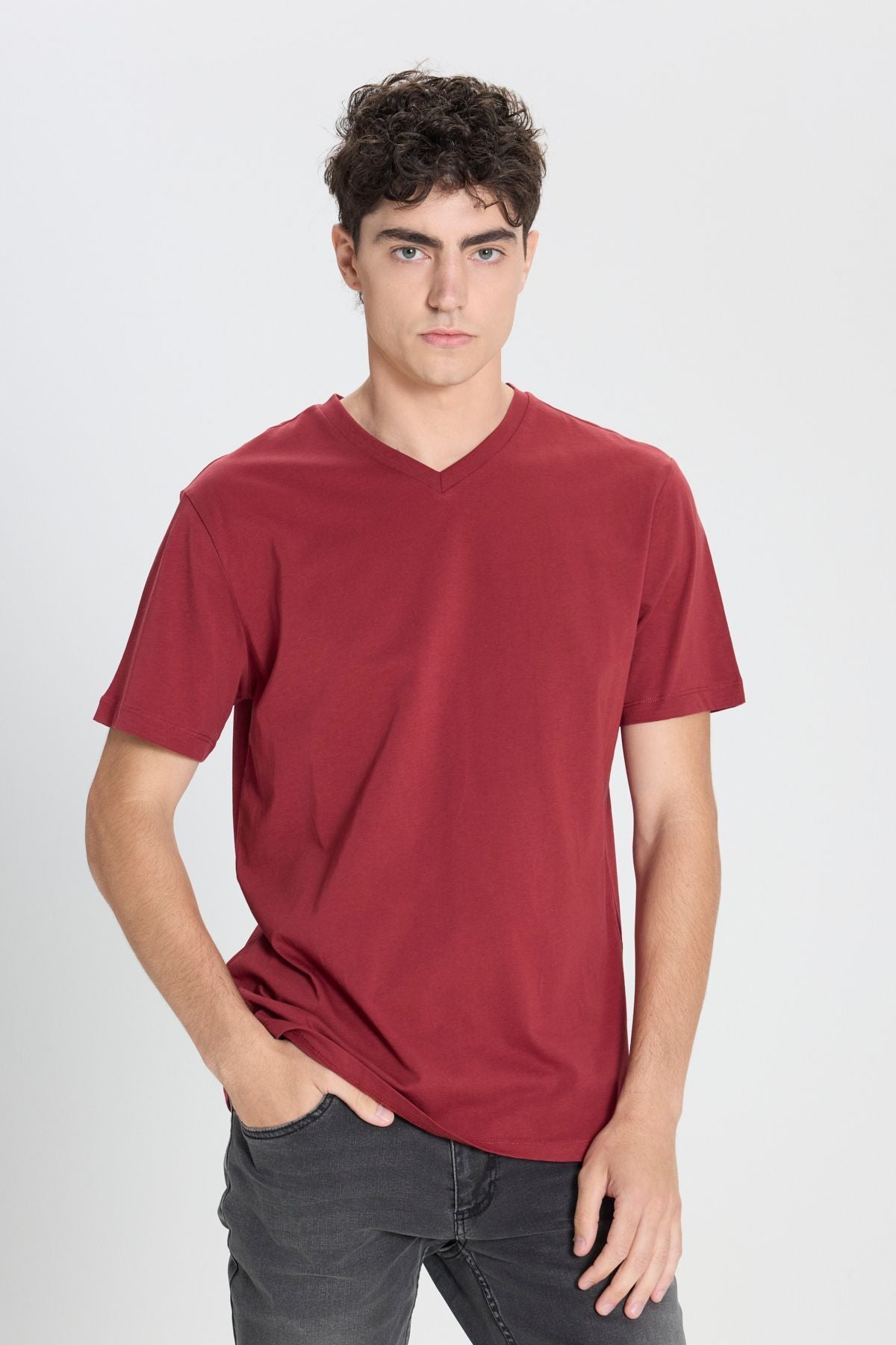 Men's 100 %Cotton V Yaka Burgundy Slim Fit Narrow Cut T -shirt