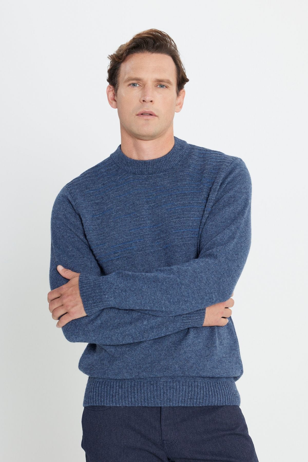 Men's aviator Blue-Petrol Wool Standard Fit Normal Cut Half Fisherman Yaka Knitwear Kazakh